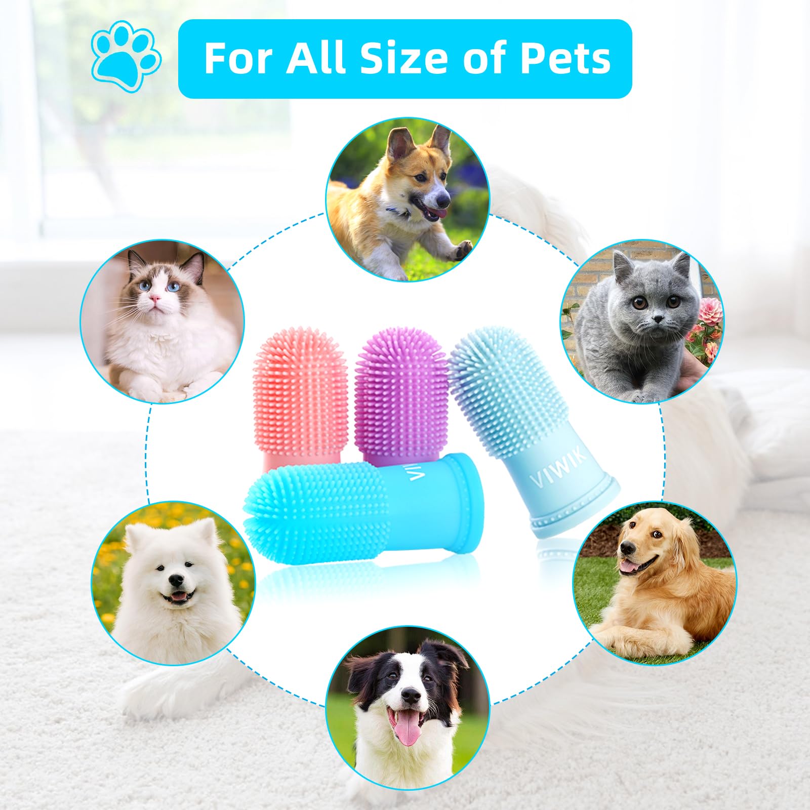 VIWIK 4-Pack Dog & Cat Toothbrush Kit - Finger Toothbrush for Small to Large Dogs & Puppies | Pet Dental Care & Teeth Cleaning Supplies | Perfect for Daily Oral Hygiene at Home