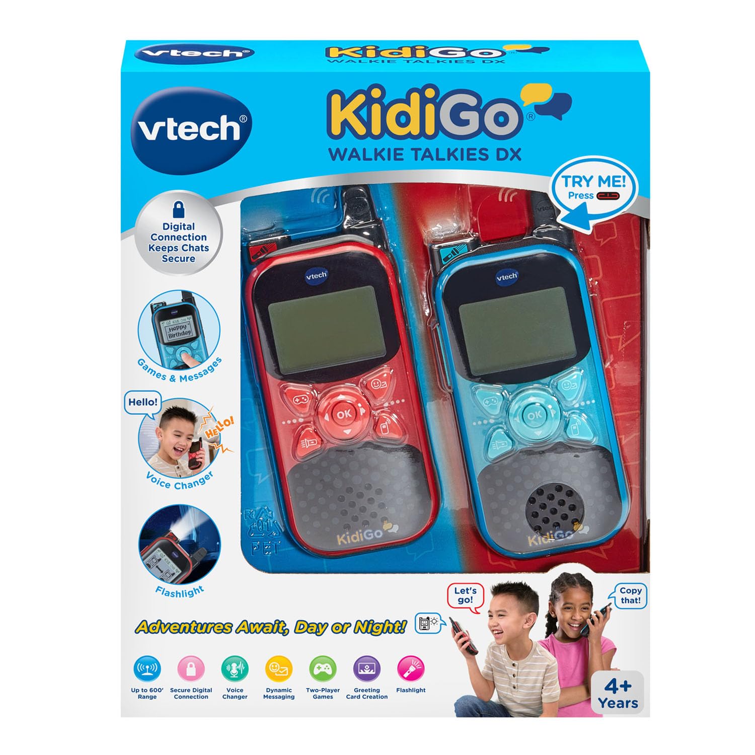 VTech KidiGo Walkie Talkies DX for Kids Ages 4+ | Long Range Children's Walkie Talkie Set with 2 Radios, 3 Channels & Clear Sound | Perfect for Outdoor Adventures, Camping & Backyard Play