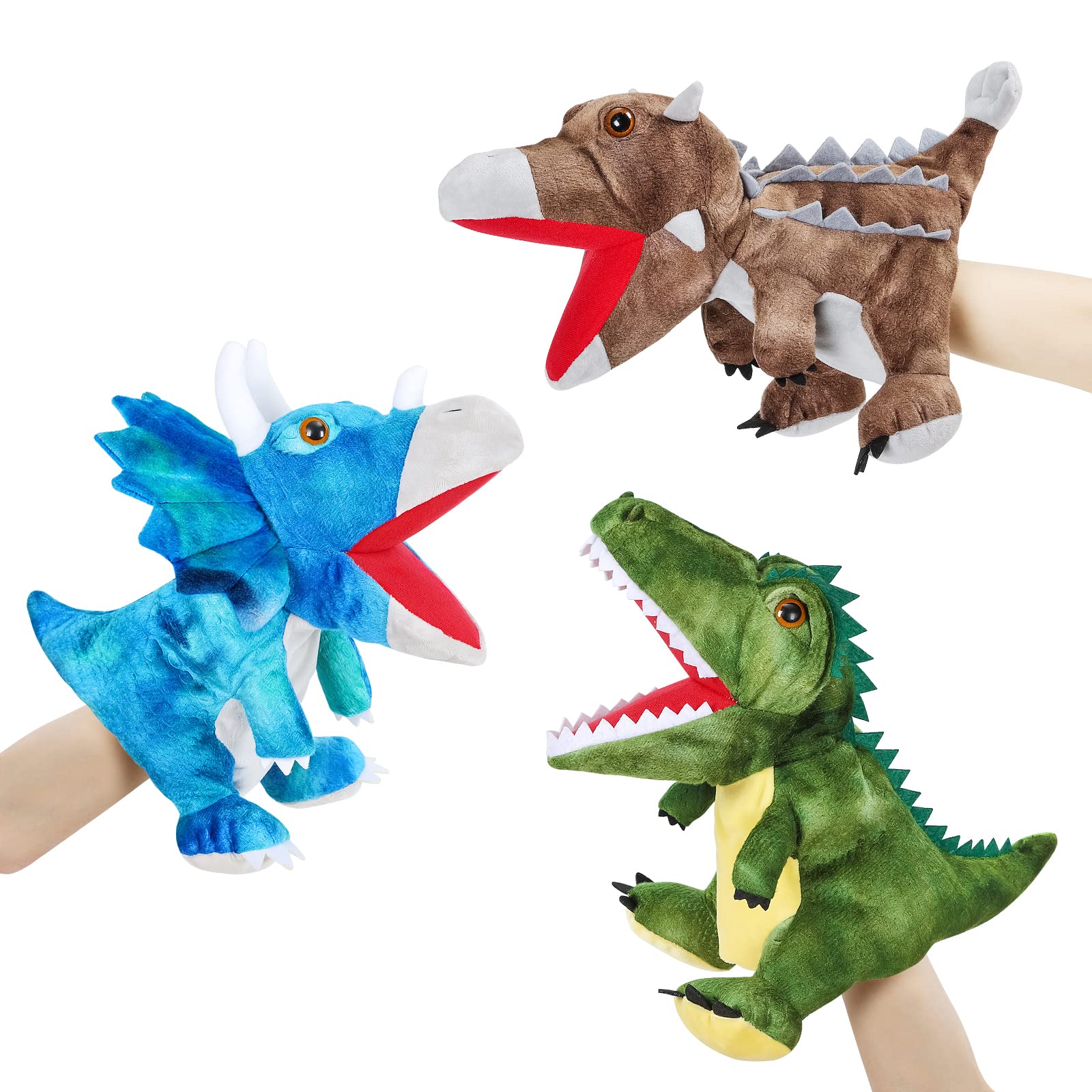 3Pcs Dinosaur Plush Toys - Soft Stuffed Animal Hand Puppets for Kids Ages 4-8, Interactive Role Play Toys for Boys & Girls - Perfect for Storytelling, Pretend Play & Birthday Gifts