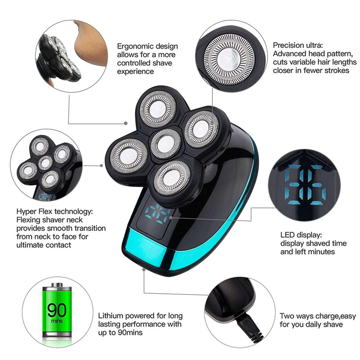 Best Electric Head Shaver for Bald Men - Rechargeable Wet/Dry Beard Trimmer & Grooming Kit with LCD Display - Perfect for Travel, Home Use & Professional Grooming