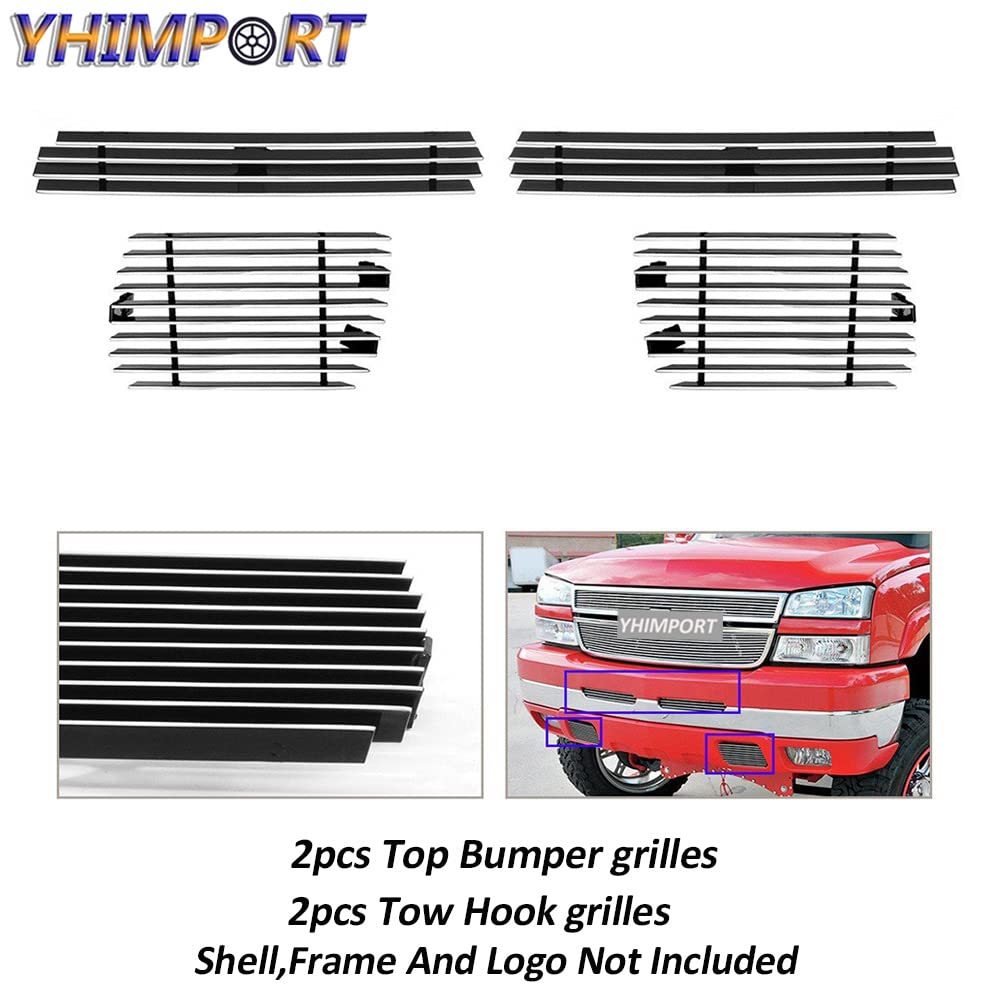 Polished Chrome Front Grill & Billet Insert Combo for 2003-2006 Chevy Silverado 1500/2500 - Top Bumper & Tow Hook Upgrade (4pc) - Perfect for Off-Road & Truck Customization