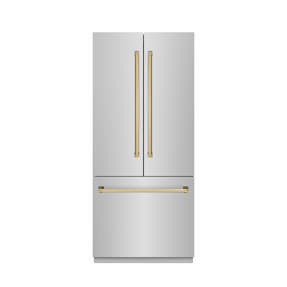 ZLINE Autograph Edition 36 Inch 19.6 cu ft French Door Built-In Bottom Freezer Refrigerator with Water Dispenser & Ice Maker - Stainless Steel with Graphite Gray Interior & Polished Gold Accents (GRBIVZ 304 36G) - Perfect for Modern Kitchens & Luxury Homes