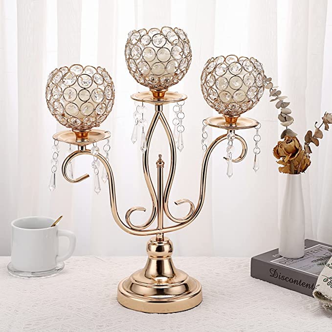 3-Arm Gold Metal Crystal Candle Holder - Elegant Candelabra for Wedding Centerpieces, Dining Table Decor & Home Decoration - Perfect for Romantic Dinners, Holiday Decor & Special Occasions