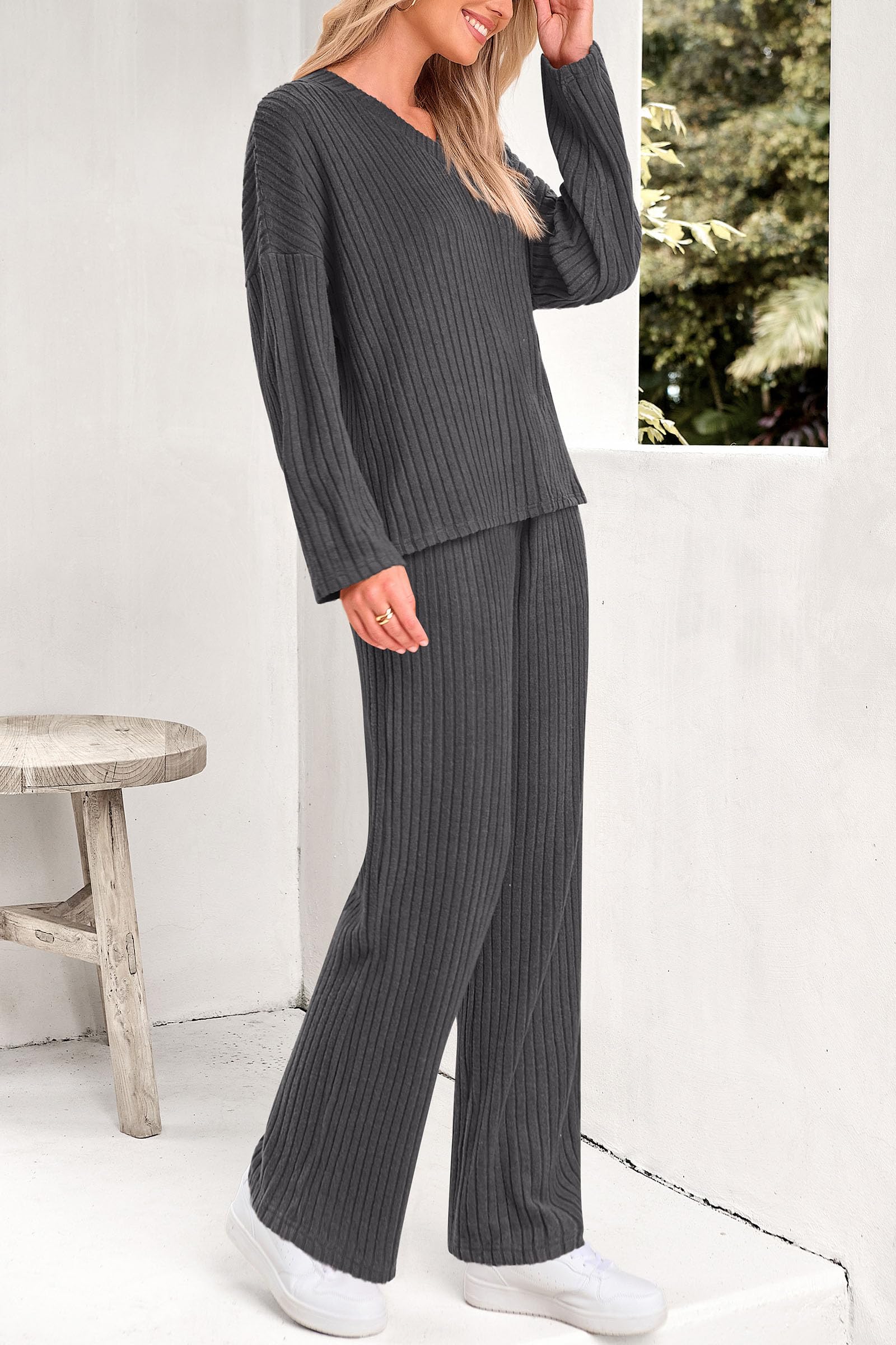 PRETTYGARDEN Women's 2 Piece Lounge Set - Soft Ribbed Knit Long Sleeve V-Neck Top & Wide Leg Pants Comfy Outfit for Spring Fall | Cozy Home Wear, Casual Street Style, Relaxing Weekend Outfits