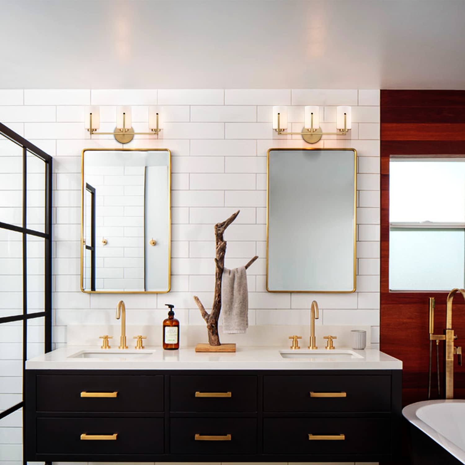 3-Light Bathroom Vanity Lighting - Modern Farmhouse Gold Wall Sconce with Opal Glass Shades, Elegant Mirror Lights for Bathroom Decor (Gold Finish) | Perfect for Bathroom, Powder Room, and Dressing Room Lighting