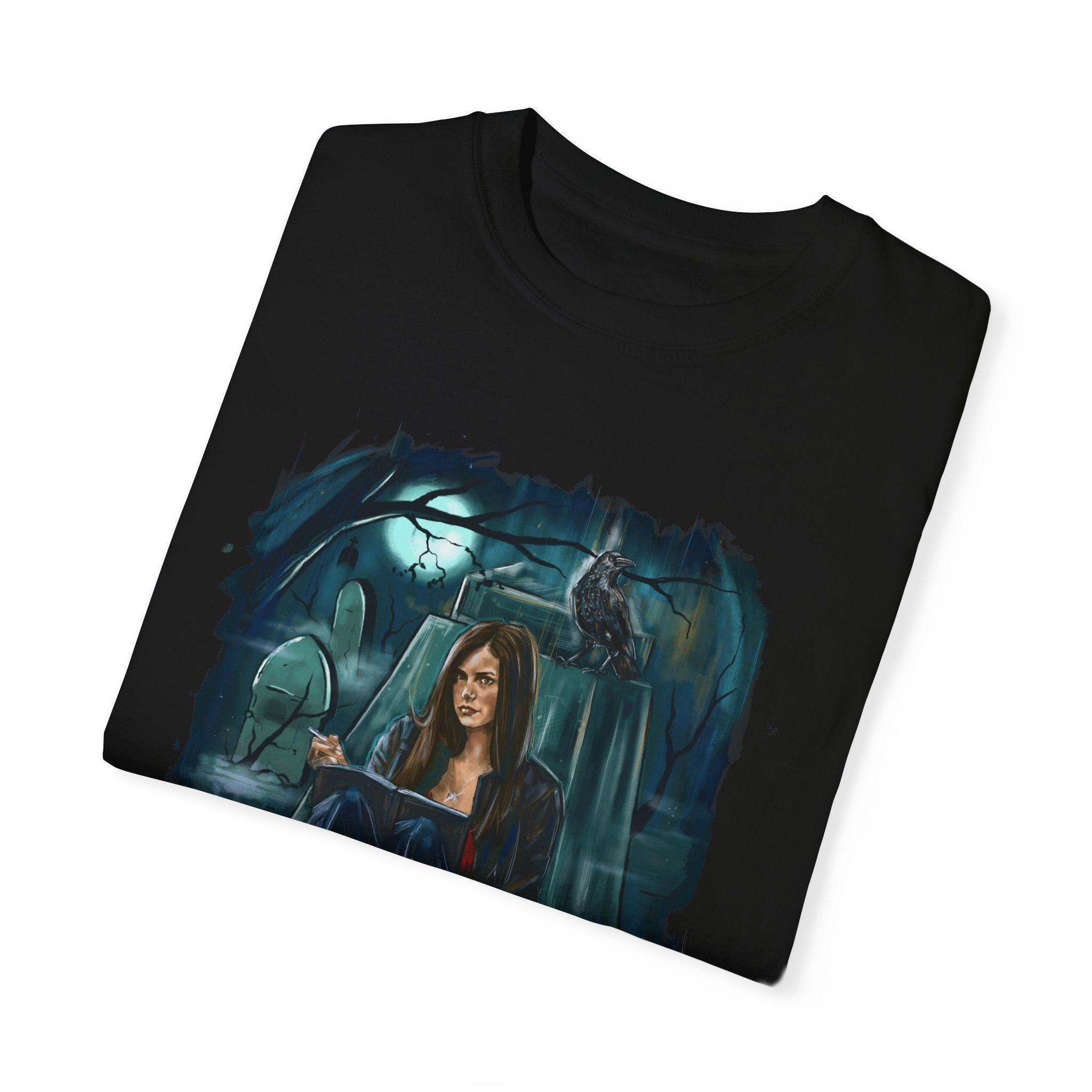 Gloomy Graveyard Girl Graphic T-Shirt - Gothic Horror Fashion for Women | Perfect for Halloween, Cosplay & Alternative Style Outfits
