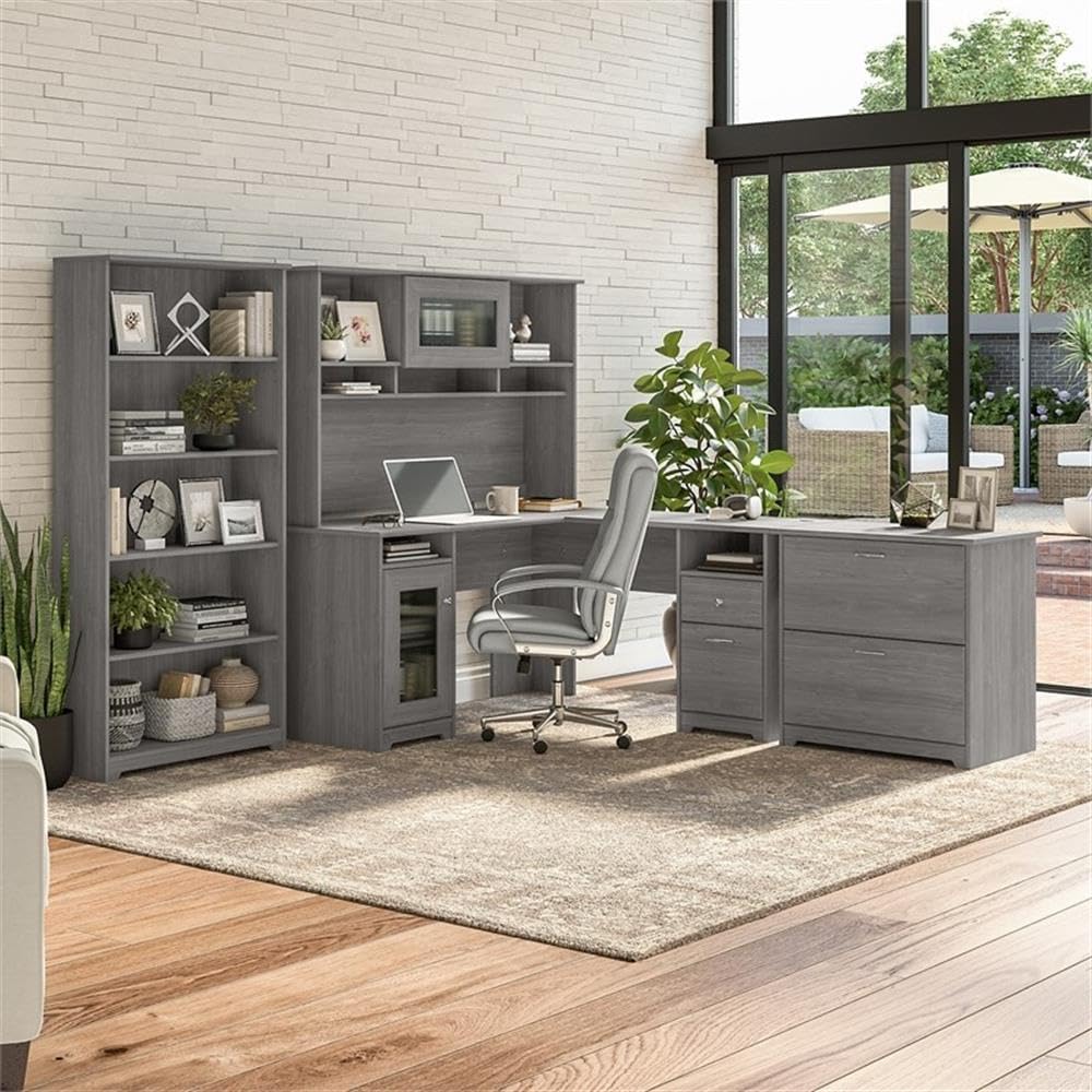 Modern Gray L-Shaped Desk with Hutch & Storage - Engineered Wood Home Office Desk for Small Spaces, Gaming & Study | Pemberly Row
