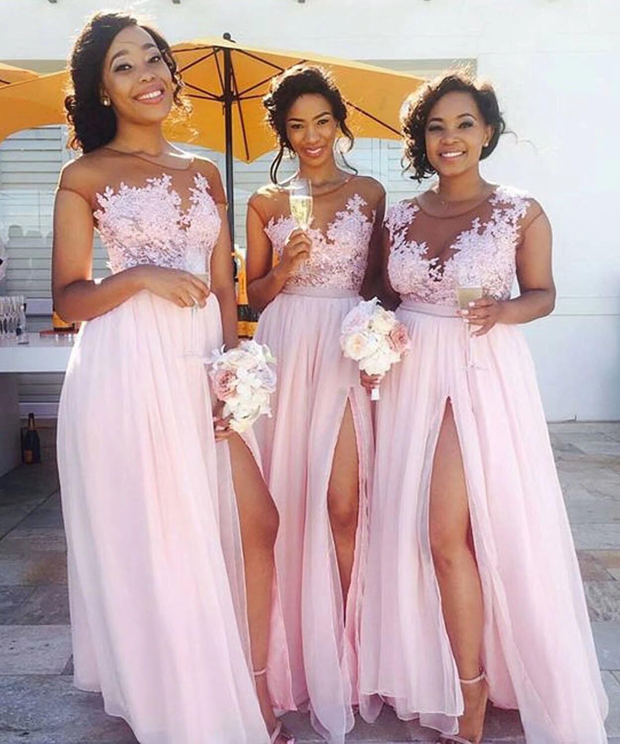 Elegant Women's Lace Sheer Chiffon Wedding Bridesmaid Dress - Long High Slit Formal Evening Gown for Weddings, Prom, Black Tie Events & Special Occasions
