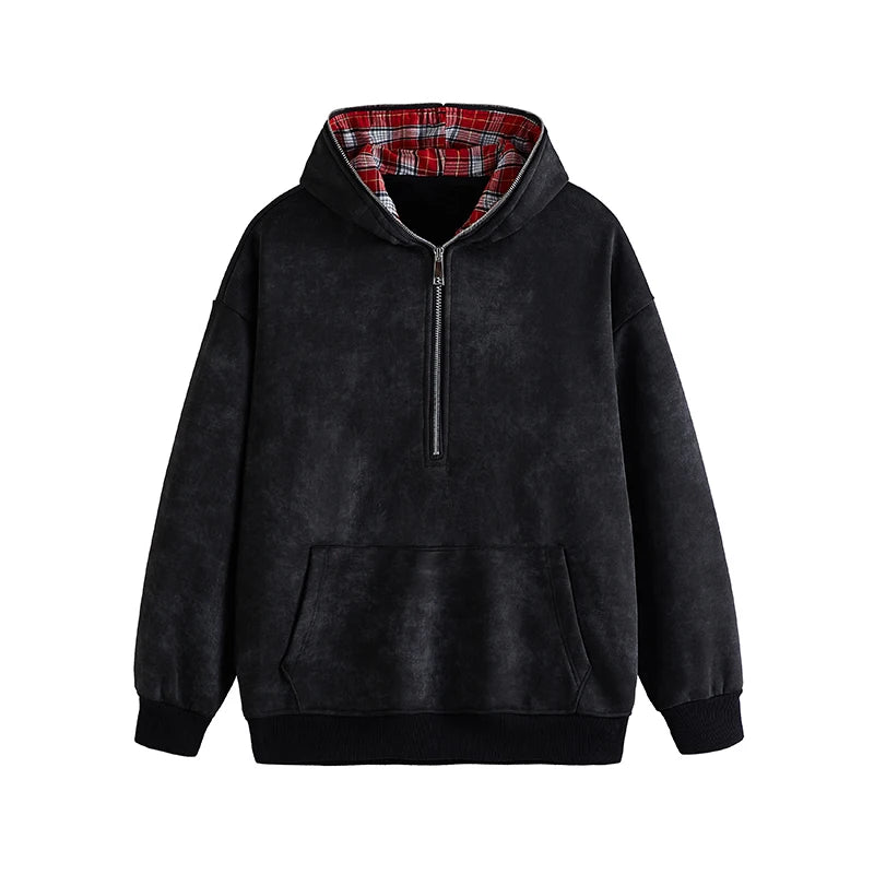 Men's Faux Two-Piece Hoodie - Distressed Plaid Round Neck Thick Casual Pullover Sweatshirt for Winter | Streetwear, Loungewear & Outdoor Activities