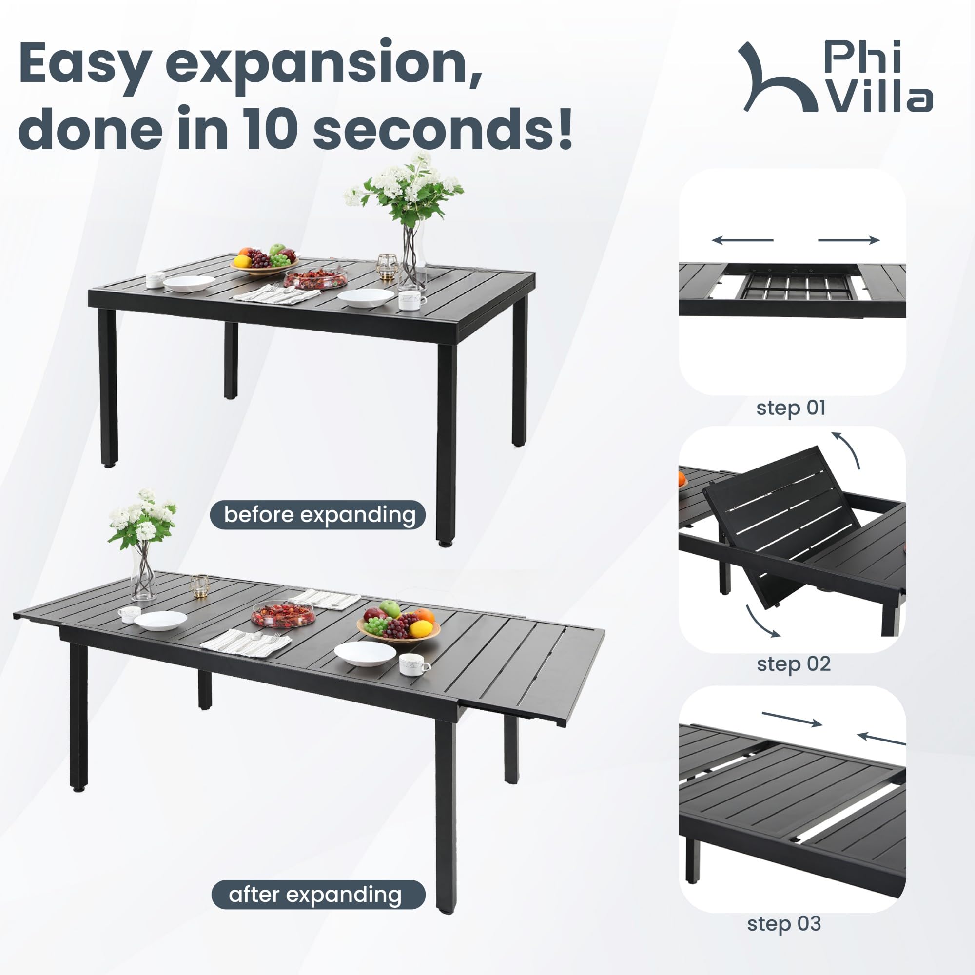 PHI VILLA 9-Piece Outdoor Patio Dining Set with 8 Swivel Padded Chairs & 1 Extendable Table - Weather-Resistant Blue Garden Furniture for 6-8 People - Perfect for Backyard BBQs, Poolside Dining & Outdoor Entertaining