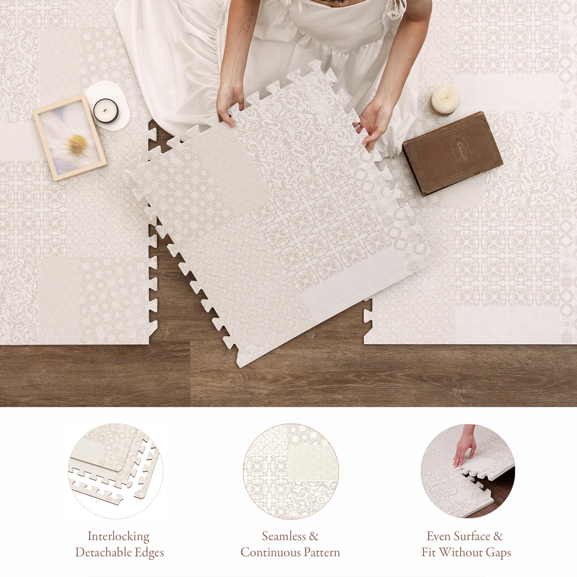 Premium Non-Toxic Baby Play Mat & Exercise Floor Tiles - 6-Piece Large Puzzle Mat (6ft x 4ft) - Thick, Waterproof & Peel-Resistant Foam Tiles for Kids Playroom, Nursery, Gym & Home Yoga - Totem Beige Design