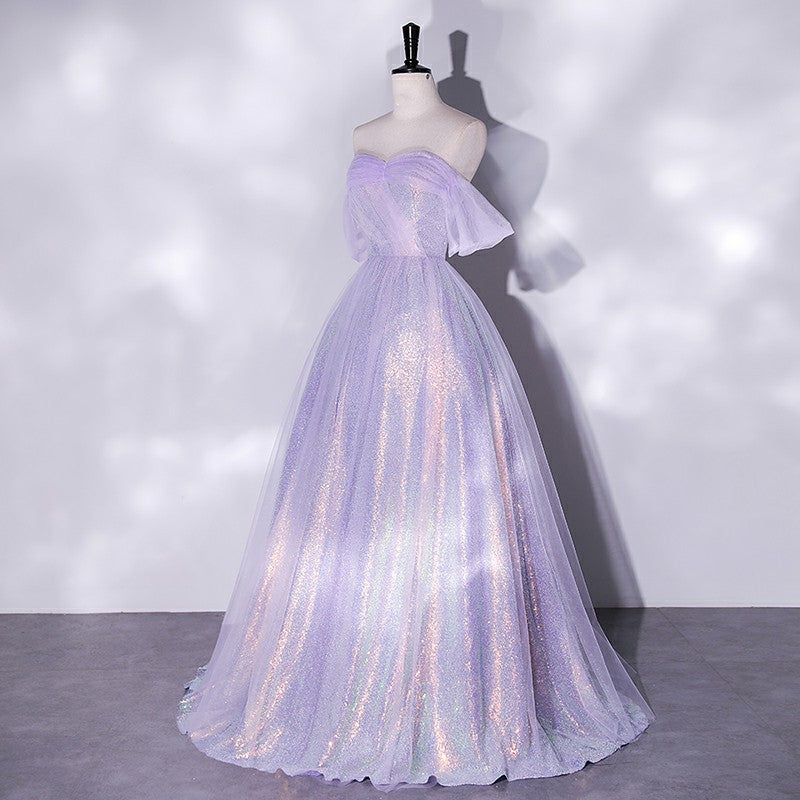 Lilac Off Shoulder A-Line Shiny Prom Dress for Women - Elegant Formal Party Gown with Sparkle Details | Perfect for Homecoming, Evening Galas & Special Occasions