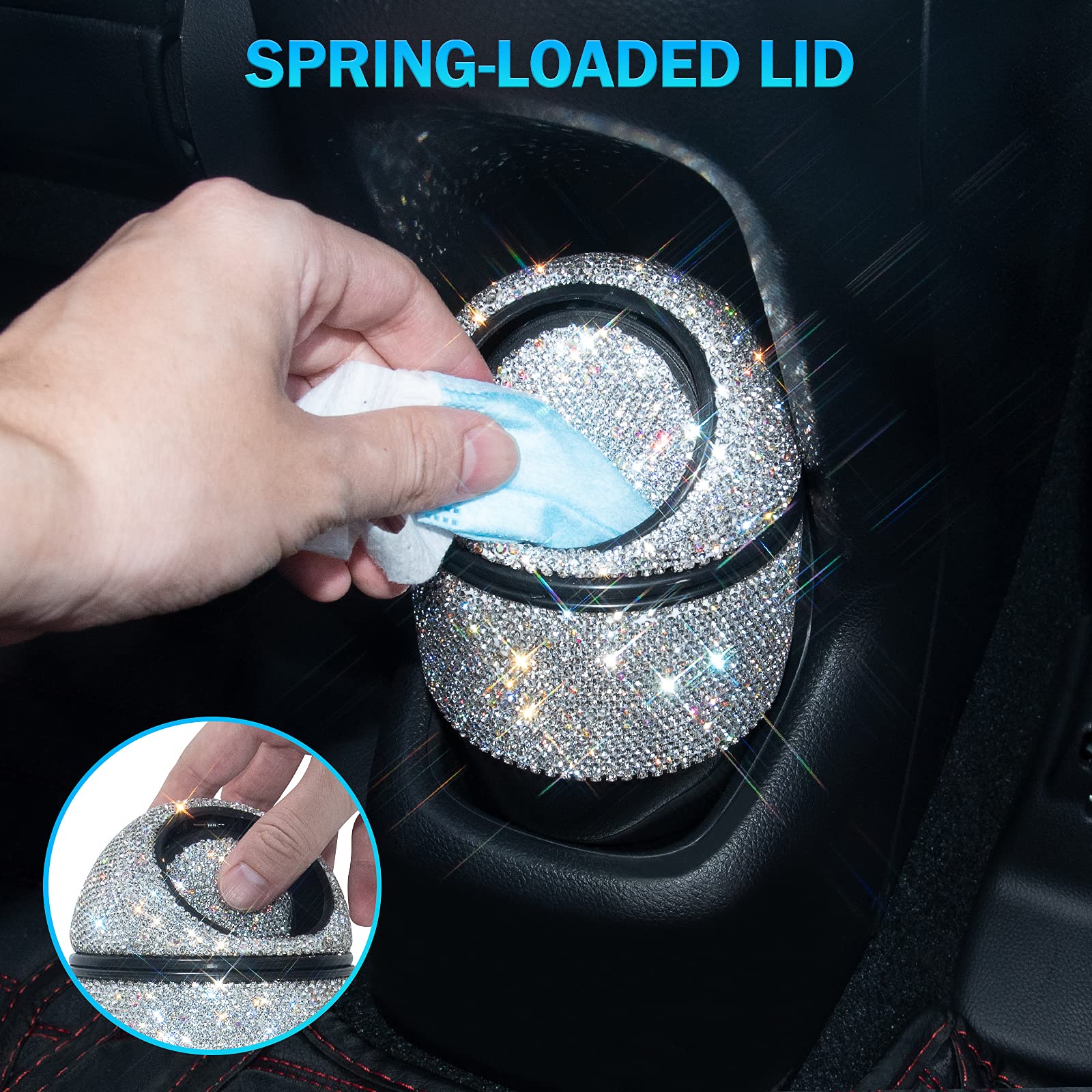 Bling Crystal Car Trash Can with Lid - Mini Auto Garbage Bin for Car, Office & Home - Includes 5 Pack Disposable Bags - Perfect for Women's Vehicles & Cup Holder Use - Silver