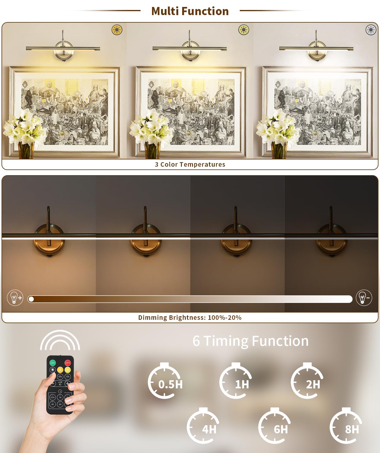 JOOSENLUX Modern Wall Lights - Battery Operated Antique Bronze Wireless Picture Lighting (16.5 Inch) - Dimmable Under Cabinet Lights for Kitchen with Swing Arm - CRI95+ Wall Sconce for Canvas Art & Home Decor | Perfect for Gallery Walls, Bedroom Accent Lighting & Kitchen Task Illumination