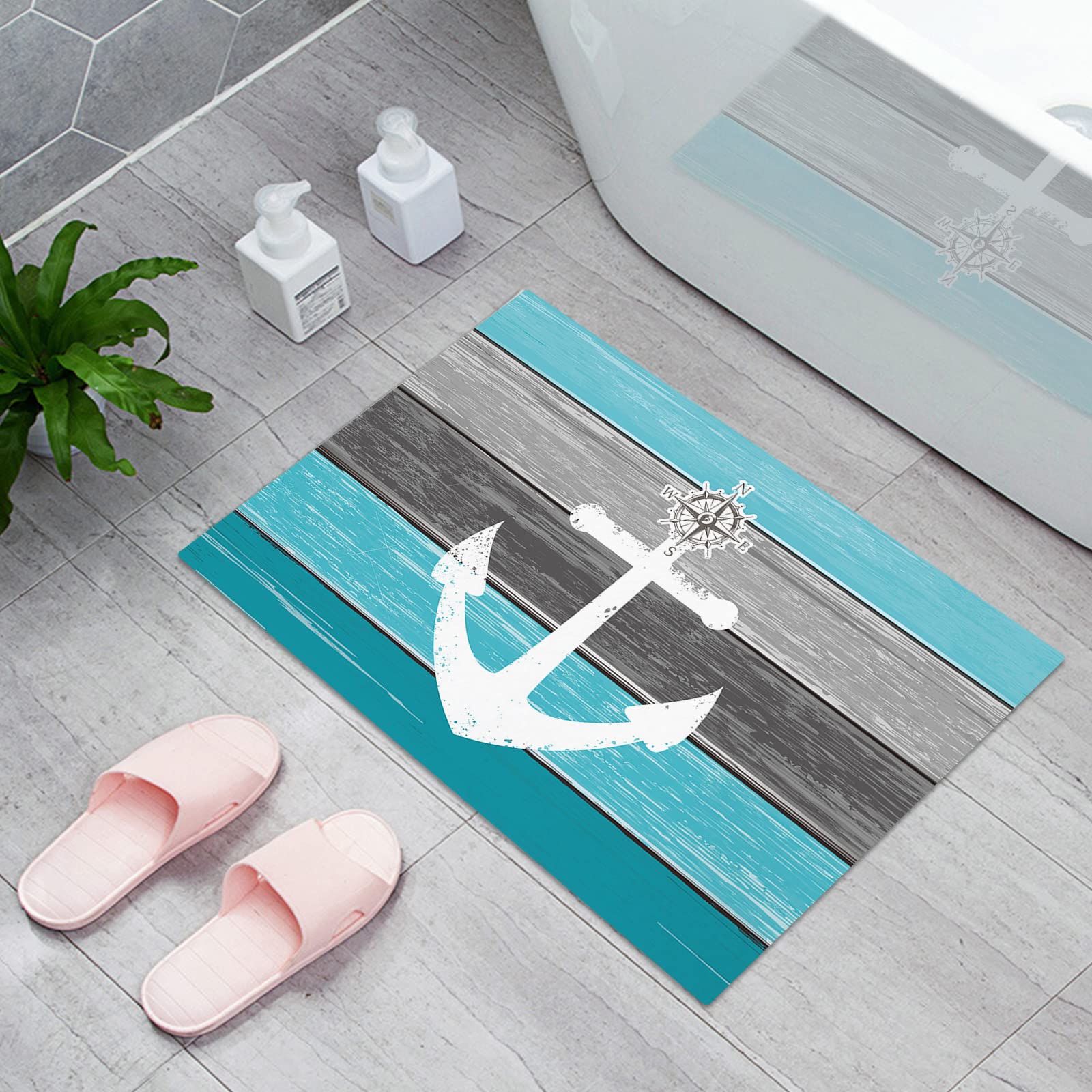 Non-Slip Absorbent Indoor Doormat - Waterproof Bath Rugs for Front Door, Kitchen & Bathroom - Retro Nautical Anchor Design in Aqua Grey Gradient - Perfect for Bedroom, Living Room & Farmhouse Decor - Cozy Floor Mats for Home & Office Use