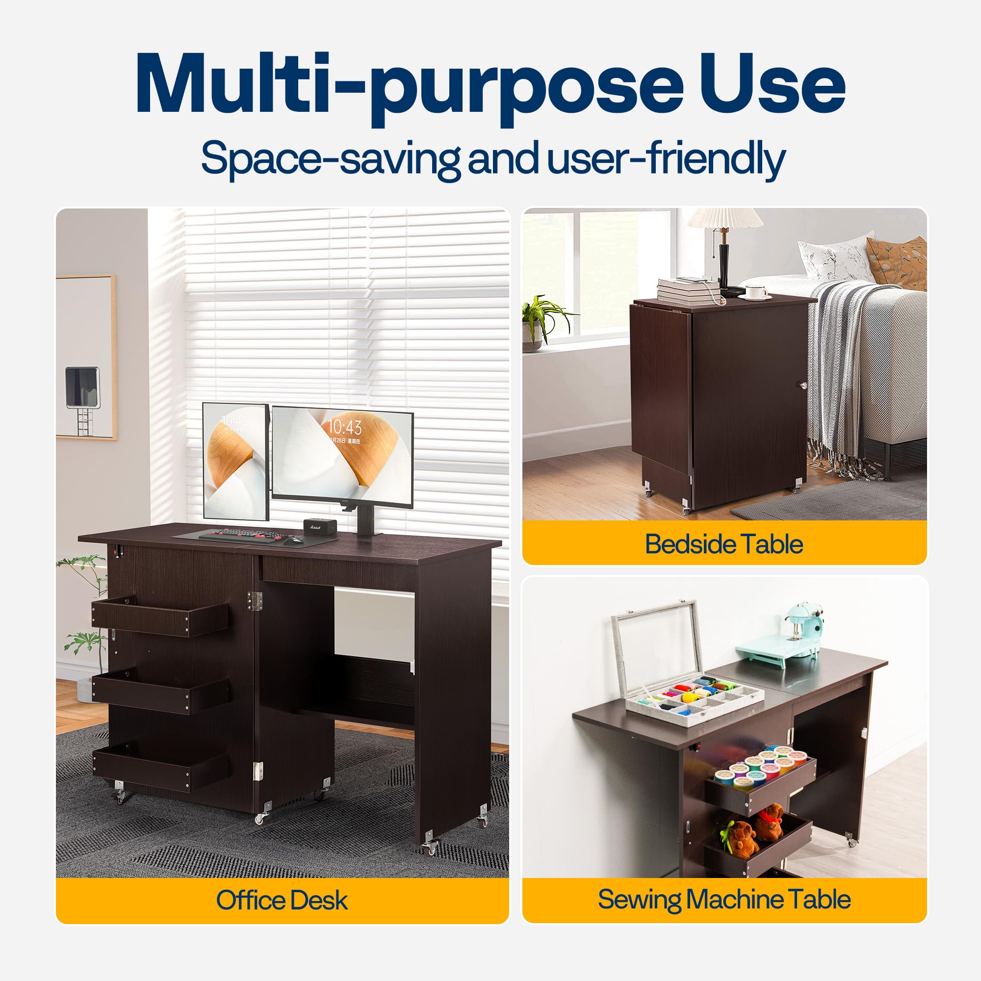 VIVOHOME Folding Sewing Craft Table with Storage Shelves & Lift - Rolling Sewing Machine Desk for Small Spaces, Dark Brown - Perfect for Quilting, DIY Projects & Home Crafting
