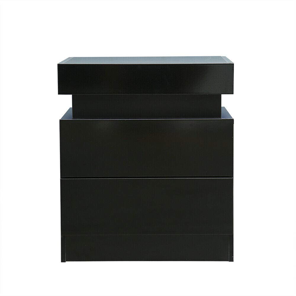 Modern LED Nightstand with 2 Drawers - High Gloss Bedside Table with Storage, Black End Table Cabinet for Bedroom (50x45x33cm/19.68