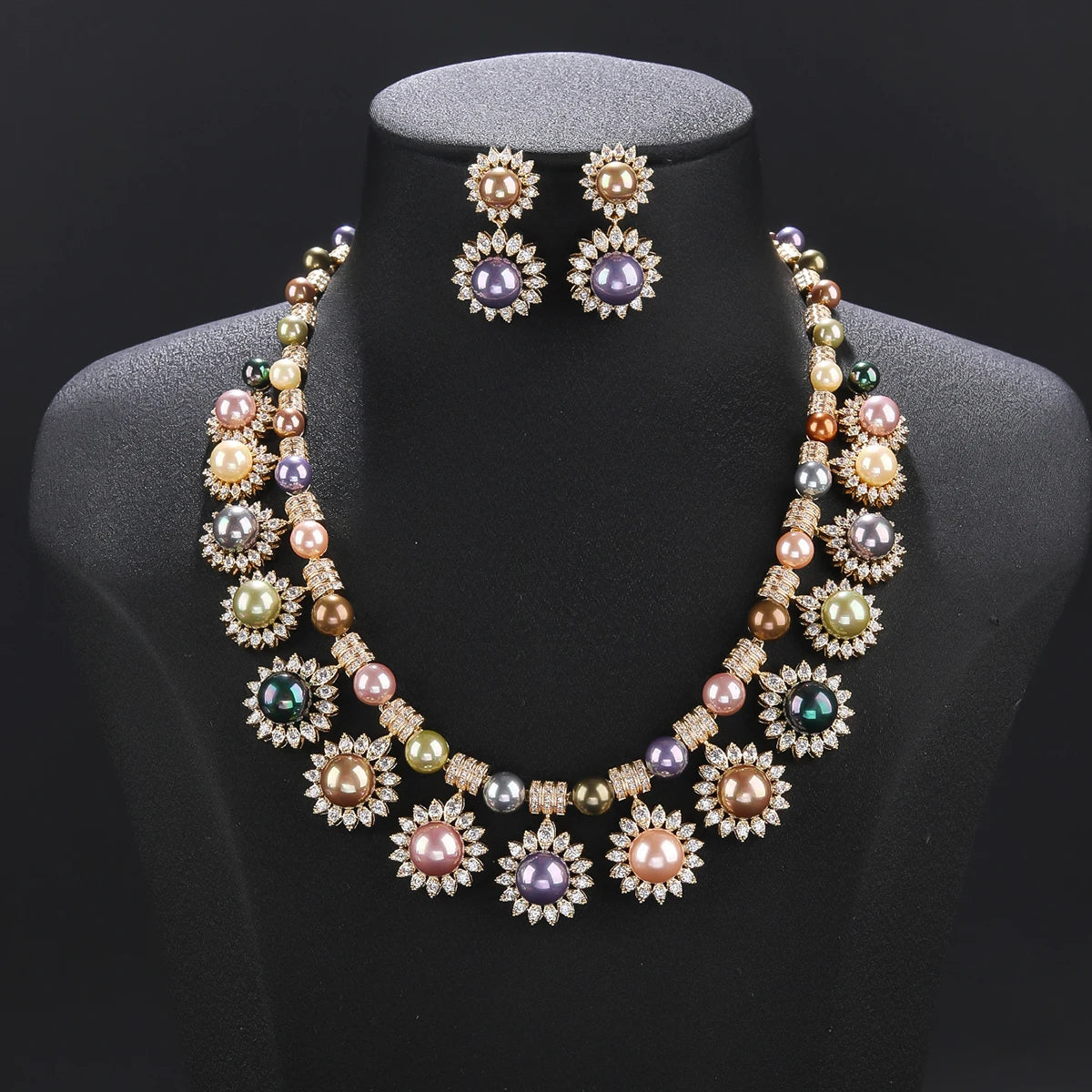 Luxury Crystal Zircon Pearl Flower Necklace for Women - Elegant Bridal Wedding Jewelry Set, Birthday Party Gift, Dubai Style (CN10894) | Perfect for Weddings, Anniversaries, and Special Occasions