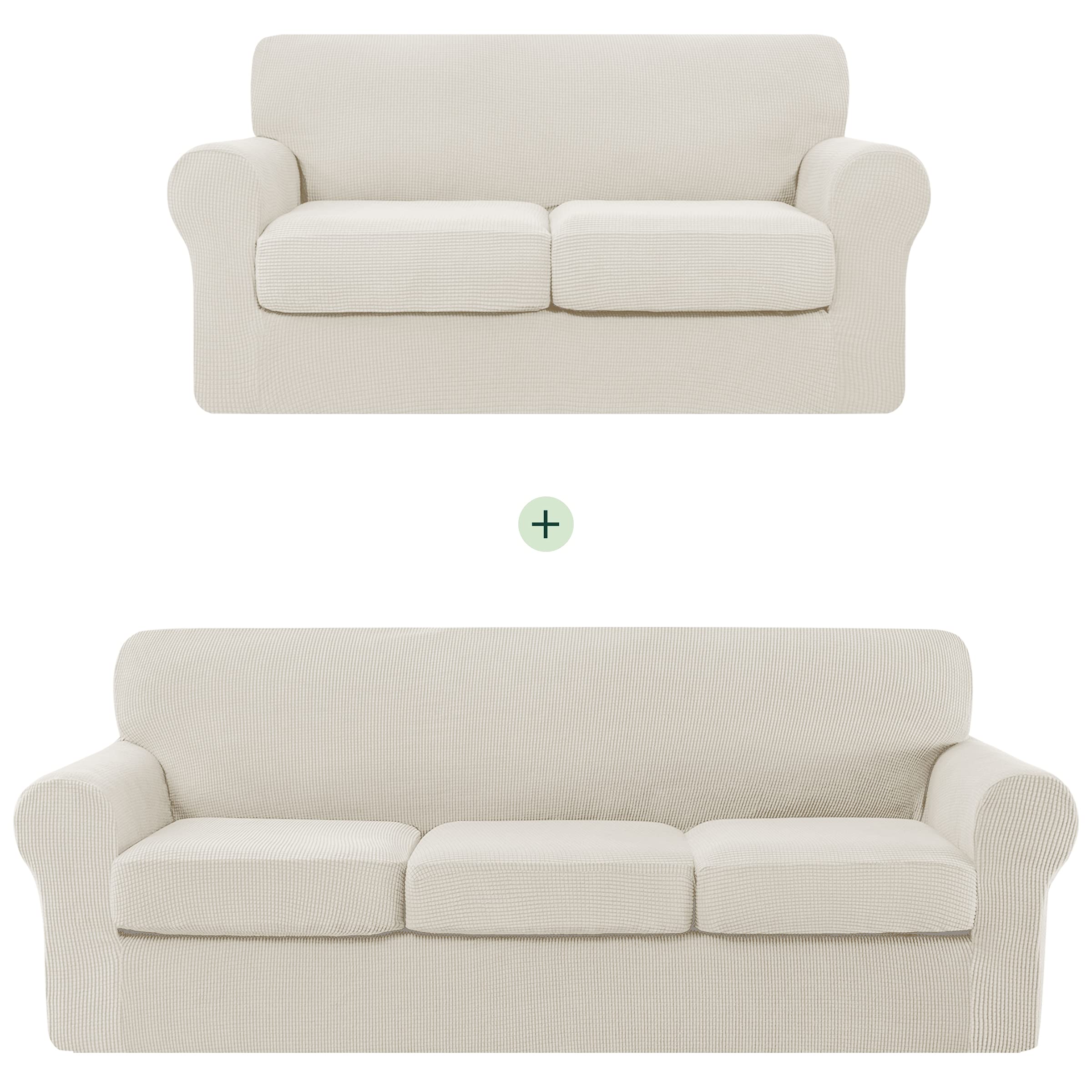 CHUN YI Stretch Sofa Slipcover Set for 2-3 Seater Couch & Loveseat - Soft Sofa Cover with Separate Cushion Covers in Ivory White/Cream - Perfect for Living Room, Family Room & Home Decor Protection