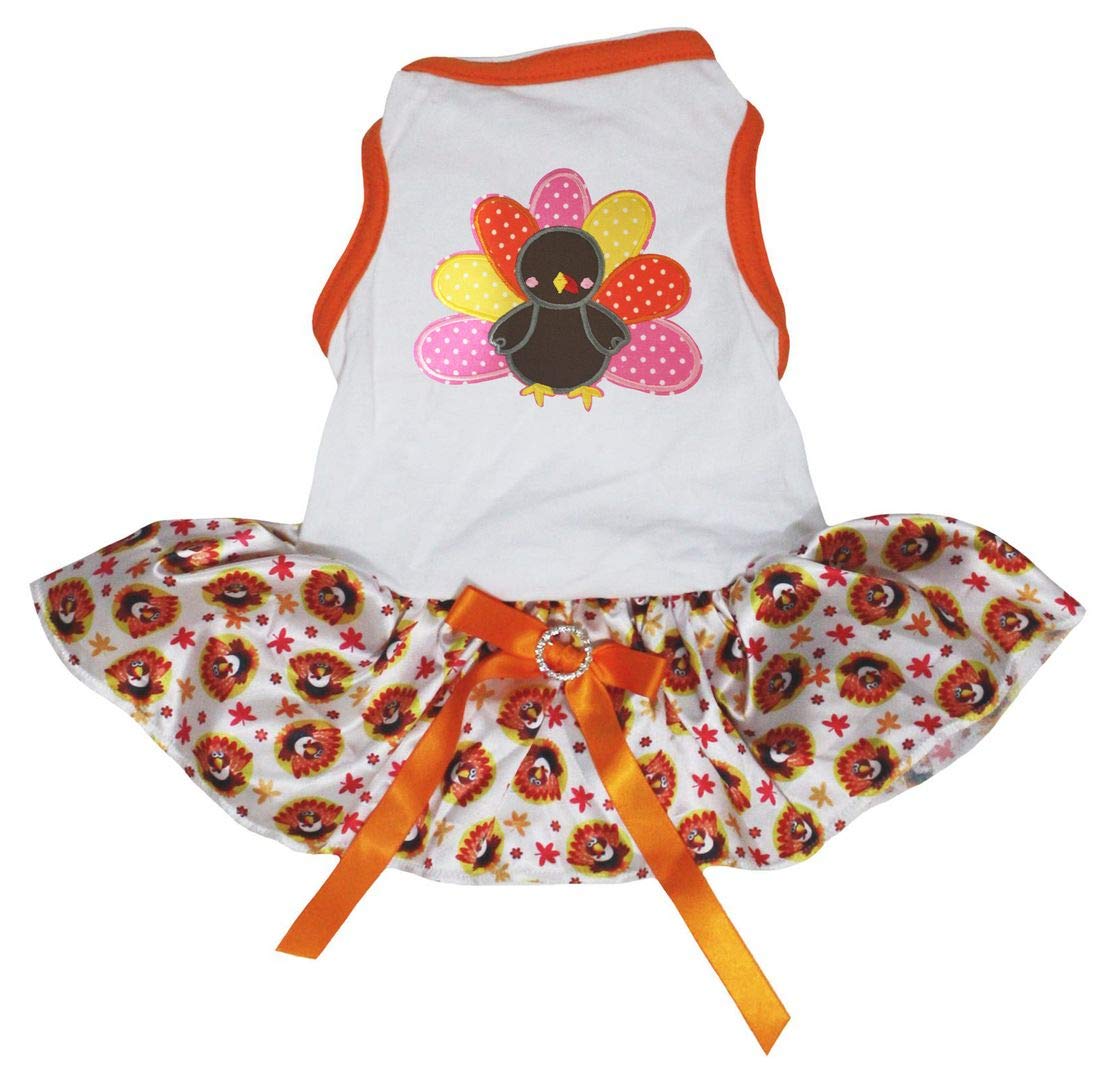 Petitebella Rainbow Turkey Puppy Dog Dress for Small Dogs - White/Turkeys Print, XXX-Large Size - Perfect for Holidays, Parties & Photo Shoots
