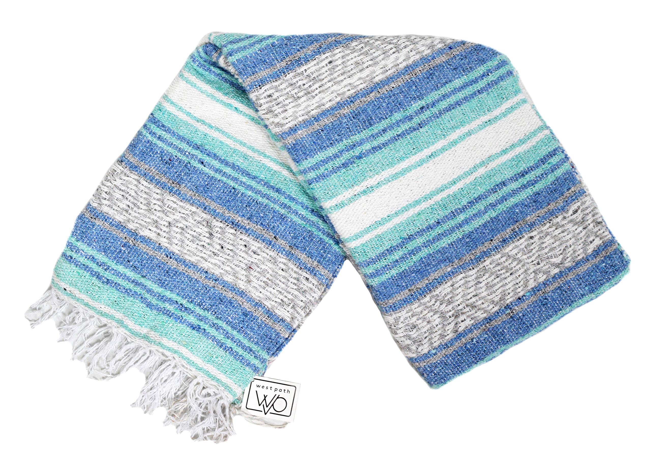 Authentic Mexican Falsa Blanket - Handwoven Blue & Grey Beach Blanket for Camping, Picnic, Yoga & Outdoor Adventures | Open Road Goods