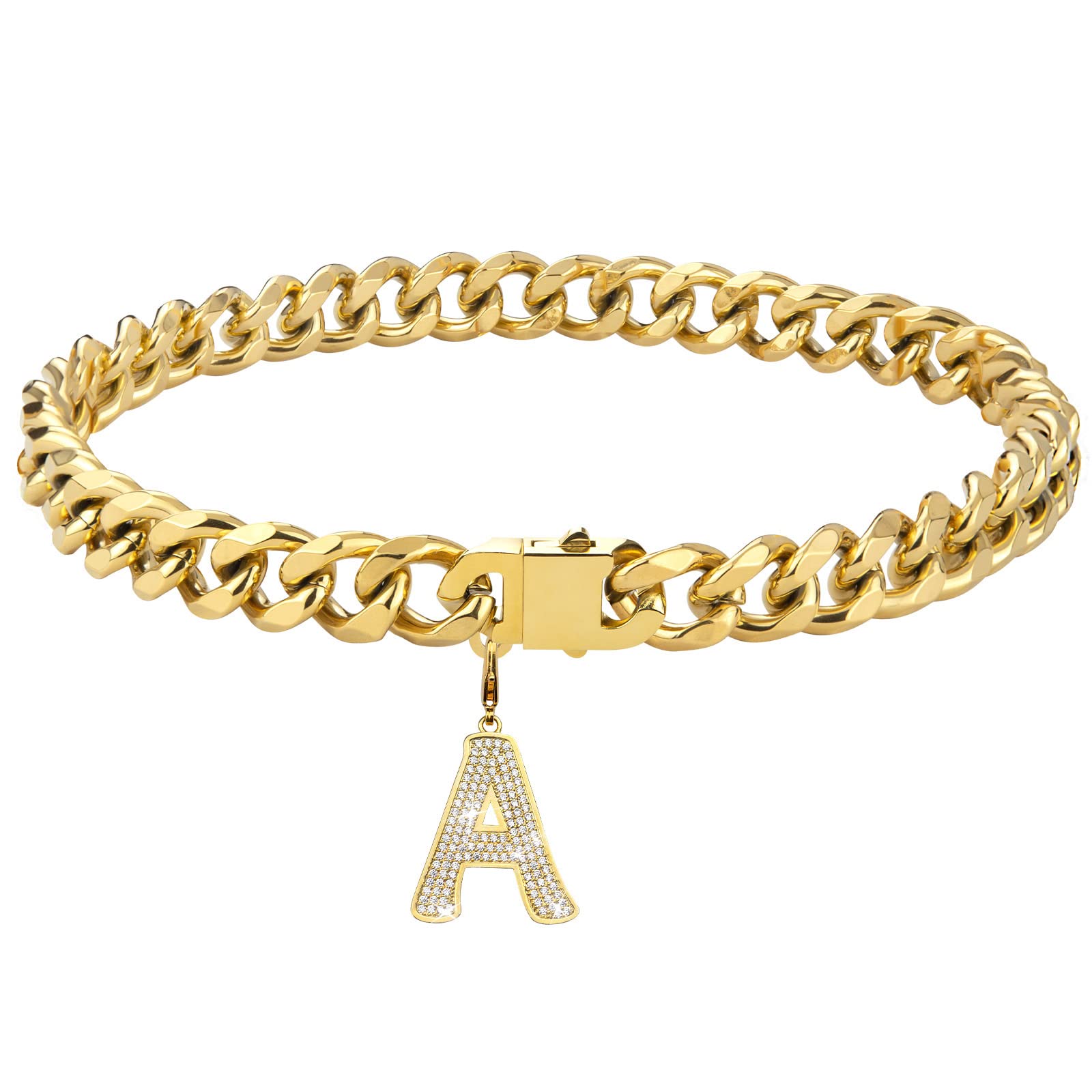 **Personalized Gold Chain Dog Collar with Bling Zircons – Heavy Duty Chew Proof Cuban Link Metal Necklace for Medium & Large Dogs (16IN, 20IN, 22IN) – Perfect for Pet Fashion, Special Occasions & Daily Walks**