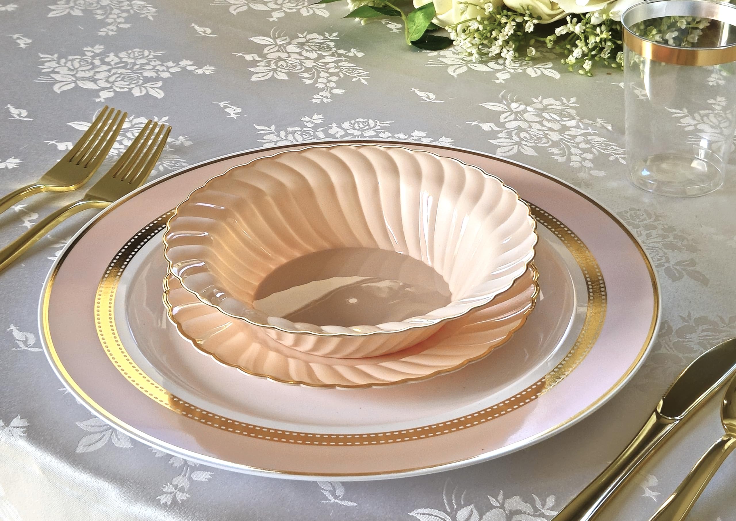 240 Heavyweight Disposable Plastic Plates for Weddings & Parties - 10.25'' Elegant Blush & Gold Dinner Plates (Ideal for Bridal Showers, Baby Showers & Formal Events)