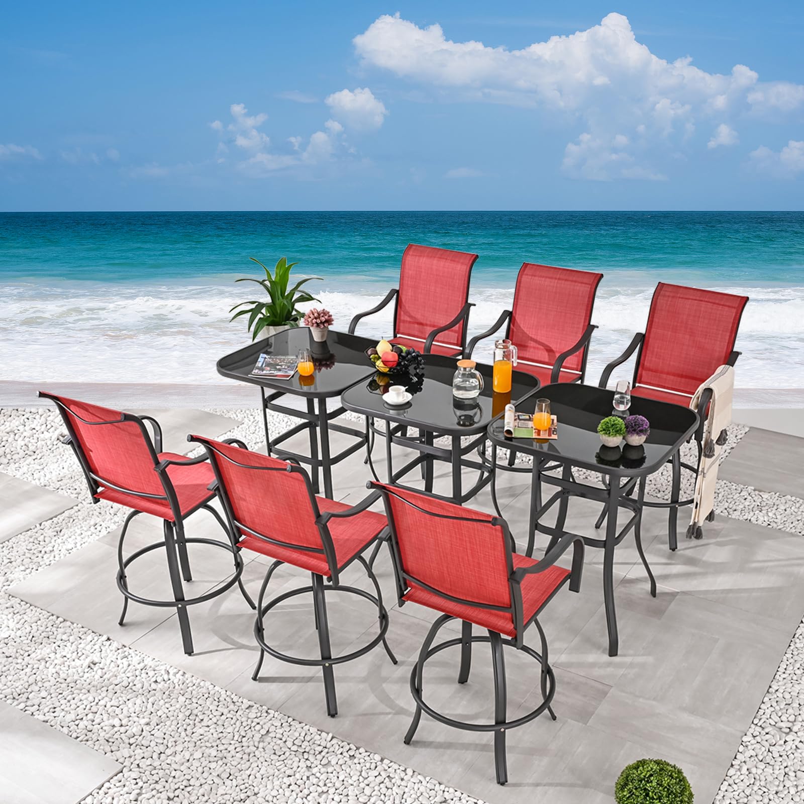 Festival Depot 9-Piece Patio Dining Set - Swivel Bar Height Stools with Armrests, Tempered Glass Top Table & Metal Outdoor Furniture for Backyard, Garden, or Poolside (Red) - Perfect for Outdoor Entertaining & Relaxation
