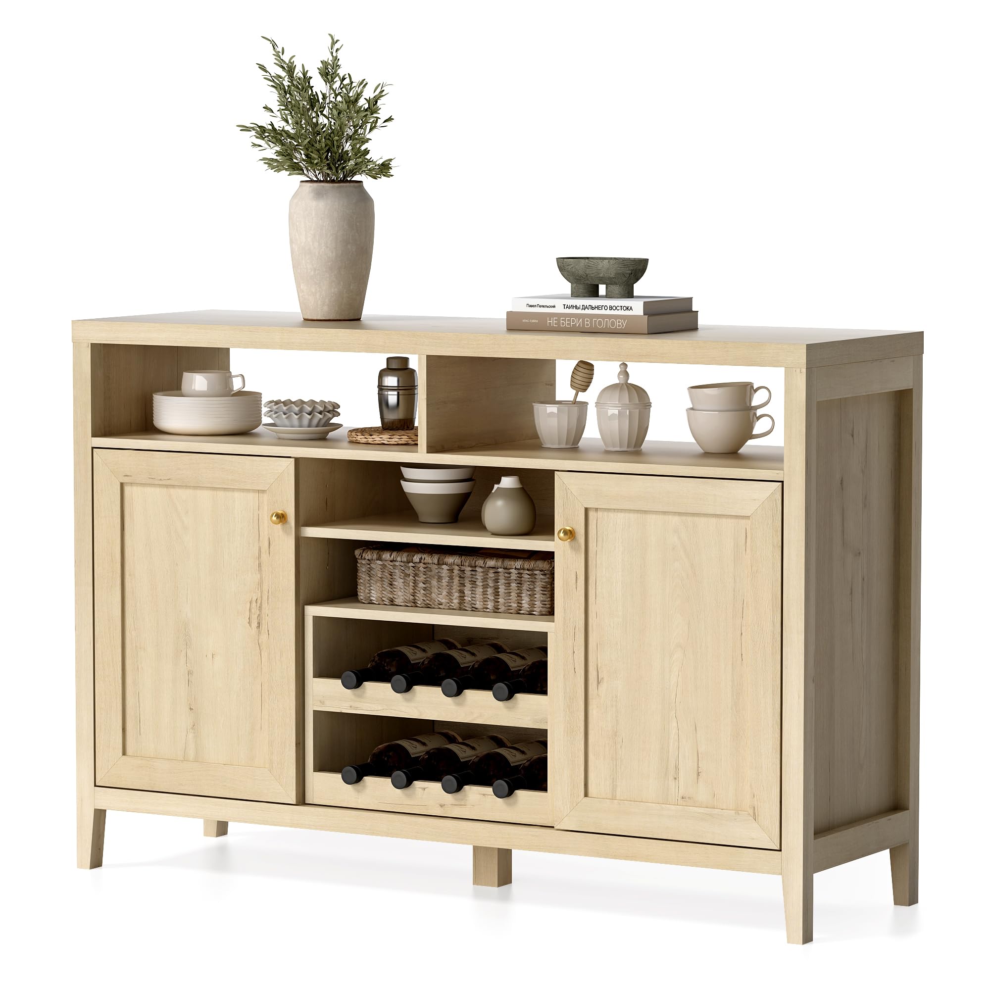 Farmhouse Wine Bar Cabinet with Doors - Light Oak Sideboard Buffet Storage for Liquor, Glassware & Dining Essentials | Perfect for Dining Room, Living Room & Home Bar Decor