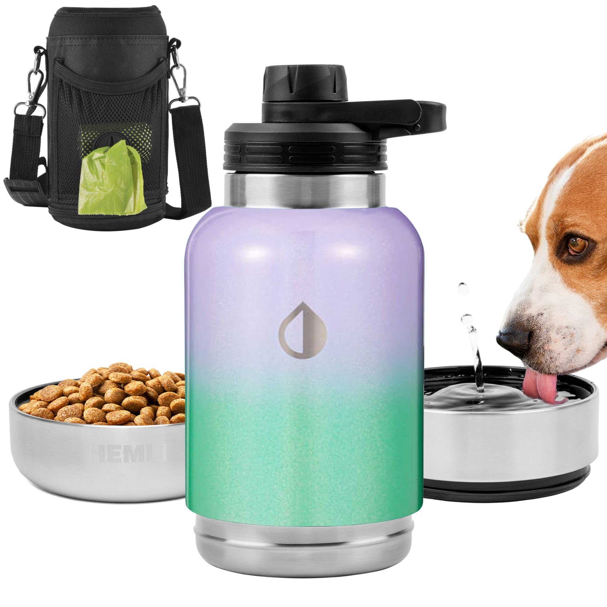 Insulated Stainless Steel Dog Water Bottle & Food Bowl - 32 oz Portable Pet Travel Water Dispenser with Carrying Case for Walking, Hiking & Outdoor Adventures (Purple Green Glitter) - Leakproof Dog Accessories for Active Pets
