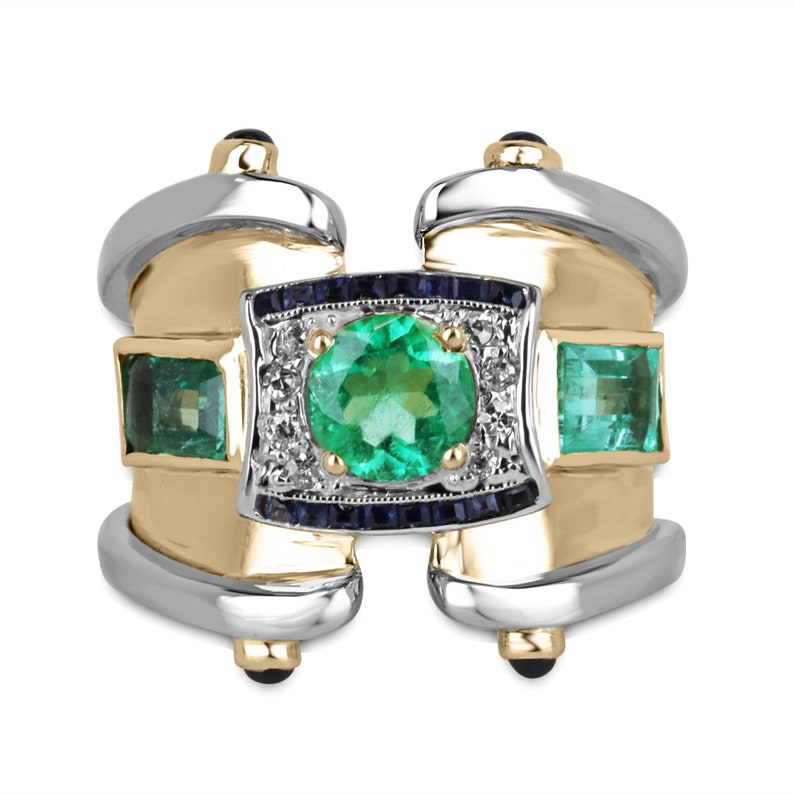 2.87tcw 14K Gold Multi Gemstone Ring with Vivid Electric Green Emerald, Diamond & Sapphire Cabochon - Unisex Jewelry for Engagement, Wedding & Everyday Wear