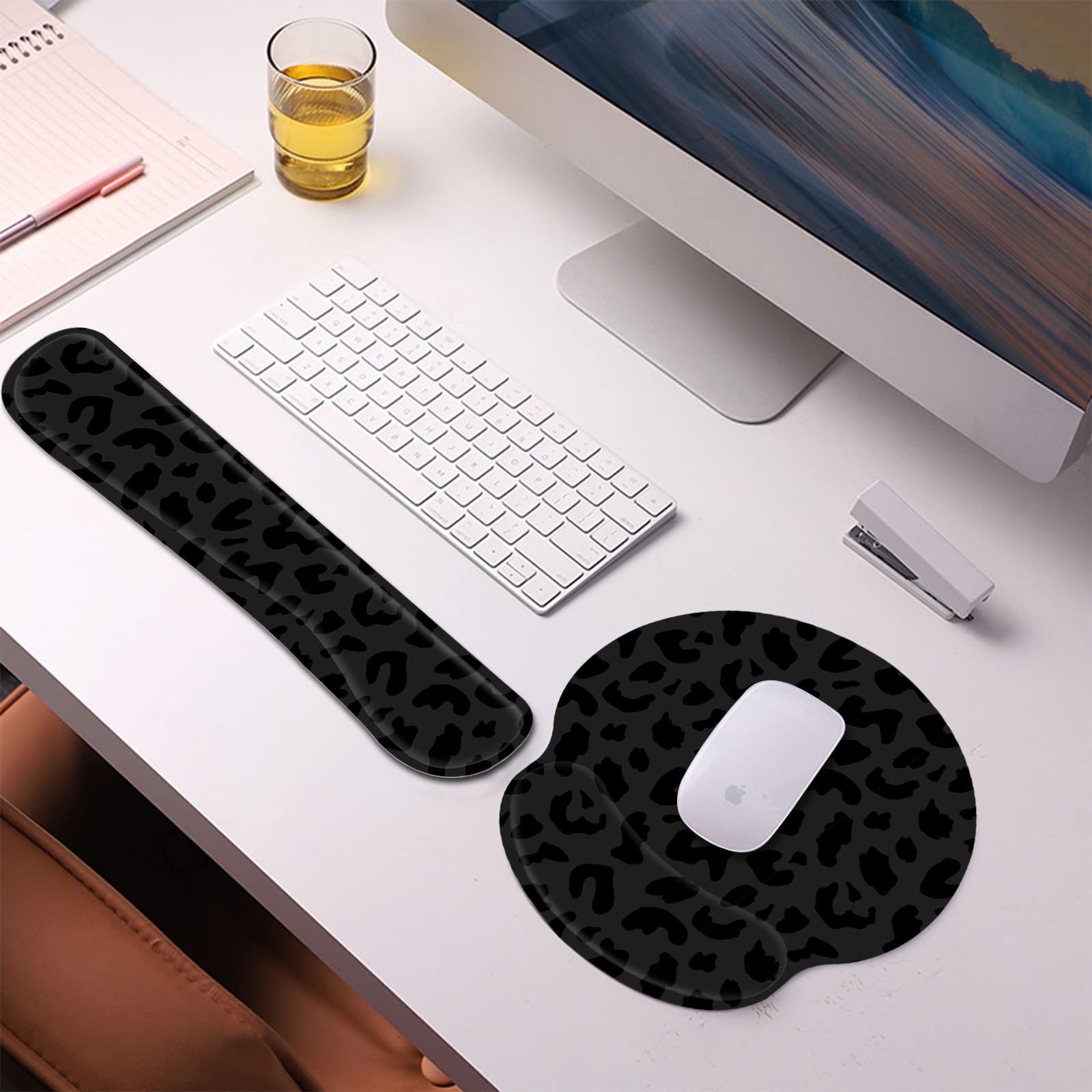 2Pcs Ergonomic Keyboard & Mouse Wrist Rest Set - Memory Foam Support with Non-Slip Base for Office & Gaming (Western Black Purple Leopard Cheetah Pattern) | Perfect for Long Computer Work, Typing & PC Gaming Comfort