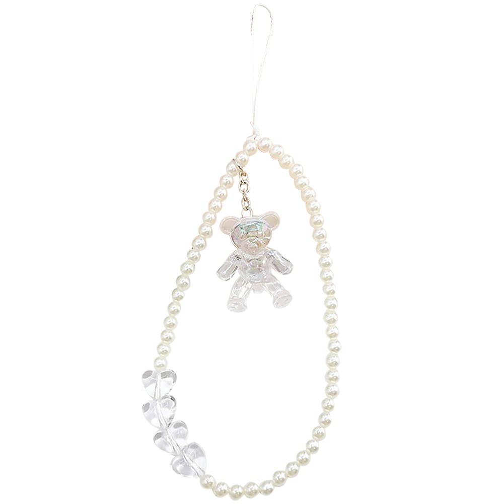 Bohemian Beaded Phone Lanyard Wrist Strap with Transparent Bear & Pearl Heart Charm - Fashionable Phone Chain Keychain Accessories for Women & Girls | Perfect for Work, Travel, and Everyday Use