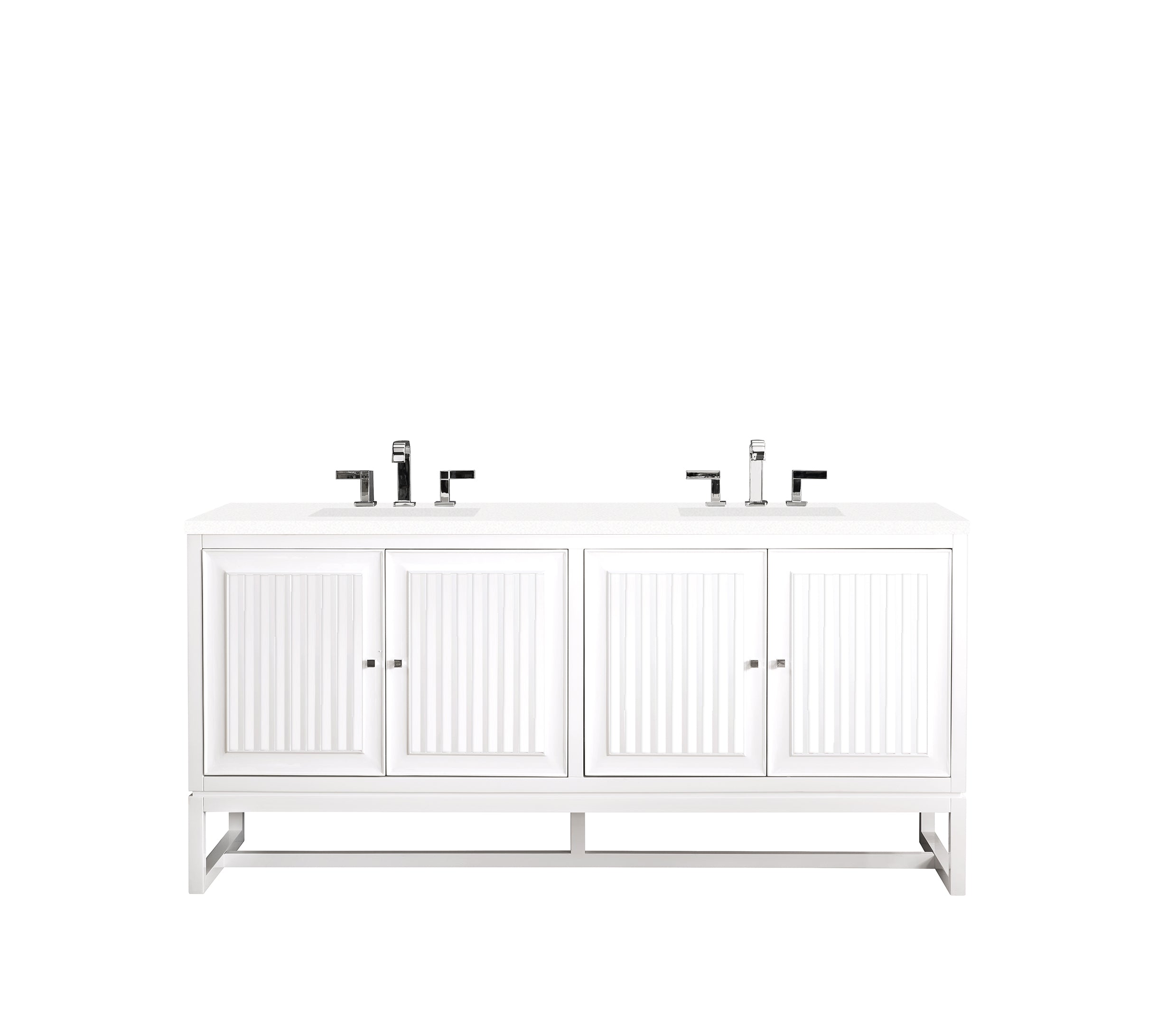 Athens 72 Inch Double Vanity Cabinet with White Quartz Top - Glossy White Bathroom Vanity with 3CM Thick Countertop for Modern Master Bath & Guest Bathroom