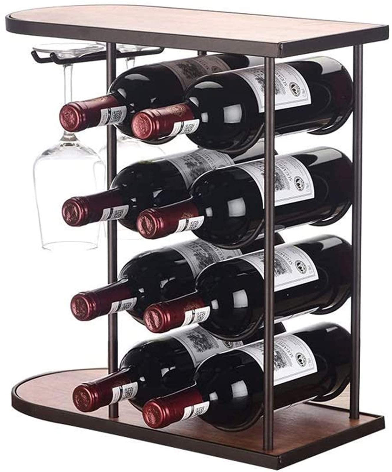 4-Tier Stackable Wine Rack - European Wrought Iron Hanging Wine Holder for 8 Bottles & 2 Glasses (42x40x18.5cm) - Space-Saving Kitchen Decor, Bar Storage & Dining Room Organization