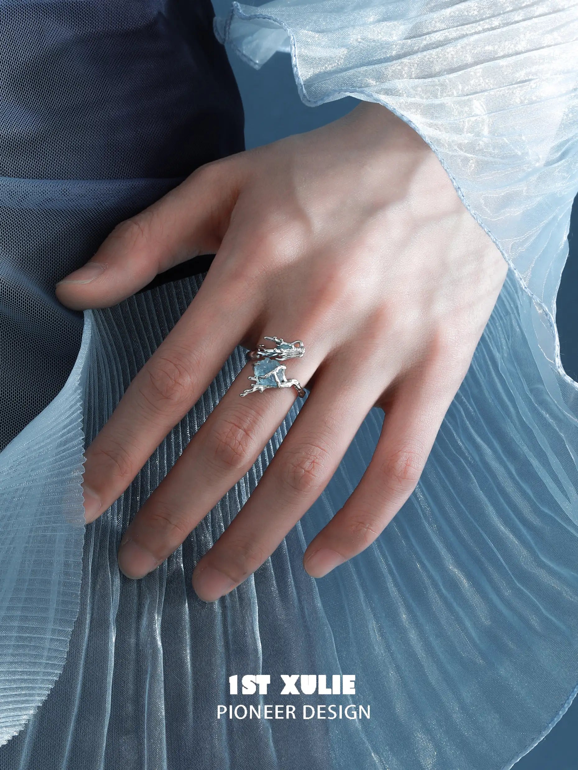 Loong Ling Loong Aquamarine S925 Sterling Silver Adjustable Open Ring for Women - Elegant Stackable Boho Jewelry Gift for Birthday, Anniversary & Everyday Wear