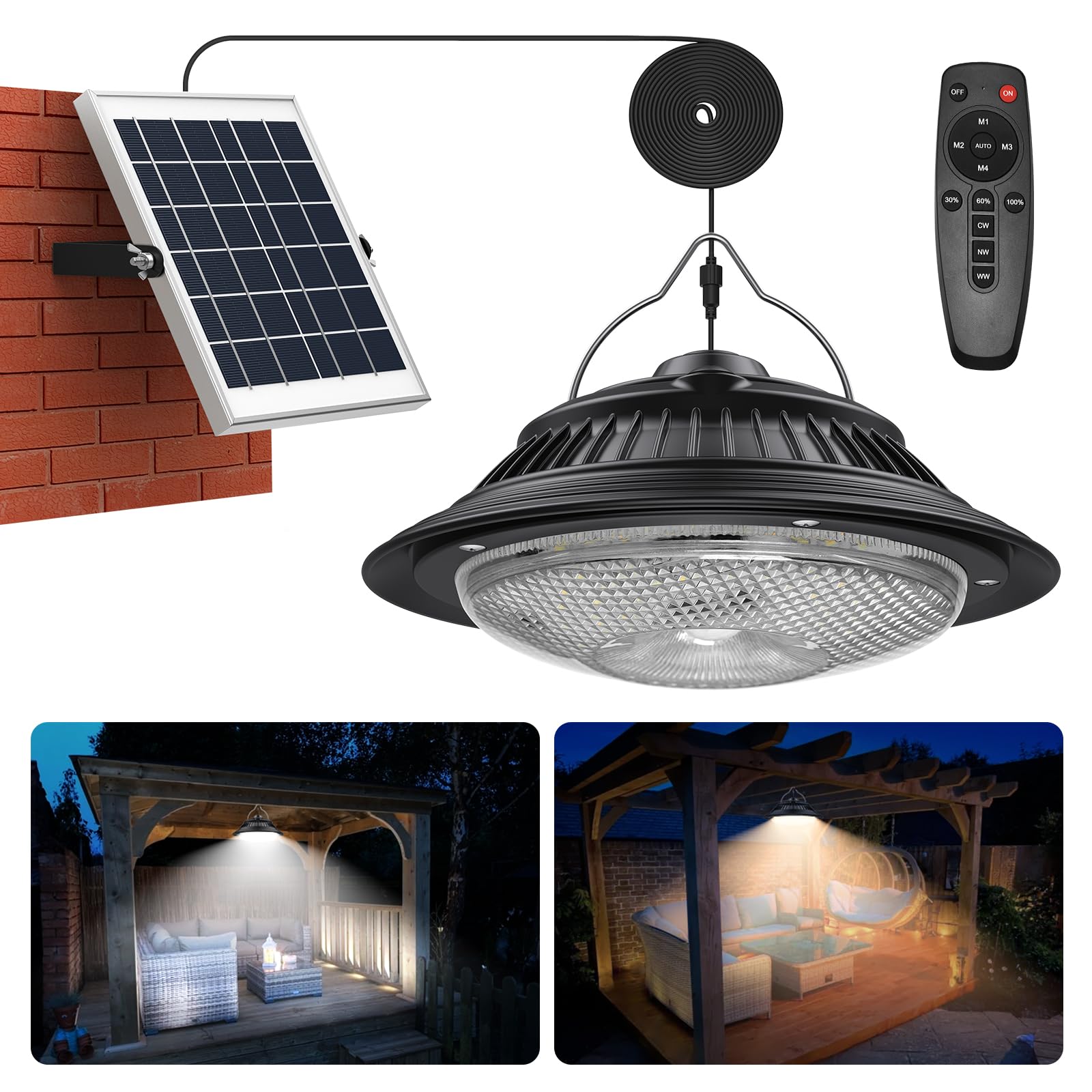 Solar Pendant Lights with Motion Sensor - 5 Modes Dimmable (6000K/4000K/3200K) - Waterproof Indoor/Outdoor Hanging Chandelier with Remote Control - Perfect for Barn, Chicken Coop, Patio, Garden & Backyard Lighting
