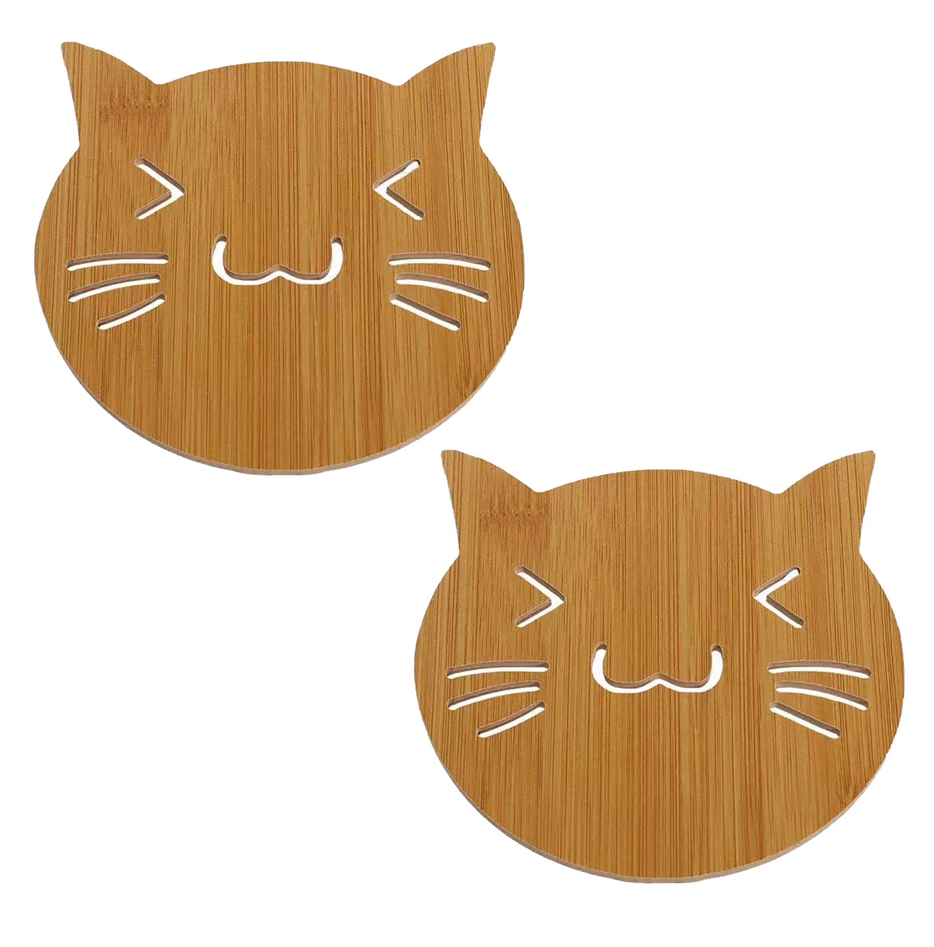 Eco-Friendly Bamboo Wooden Coasters Set of 2 - Absorbent Drink Coasters for Mugs, Cups & Glasses - Cat Design Home Decor for Kitchen, Dining Table & Office Use
