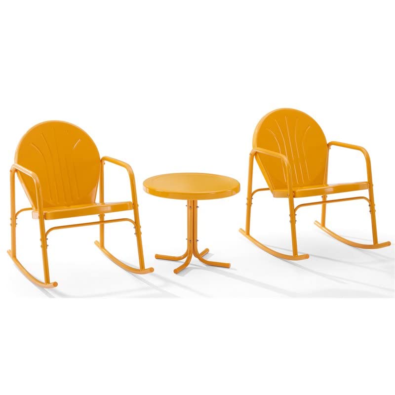 Crosley Griffith 3-Piece Retro Metal Outdoor Seating Set with Side Table & 2 Rocking Chairs - Tangerine Gloss - Perfect for Patio, Garden & Backyard Relaxation