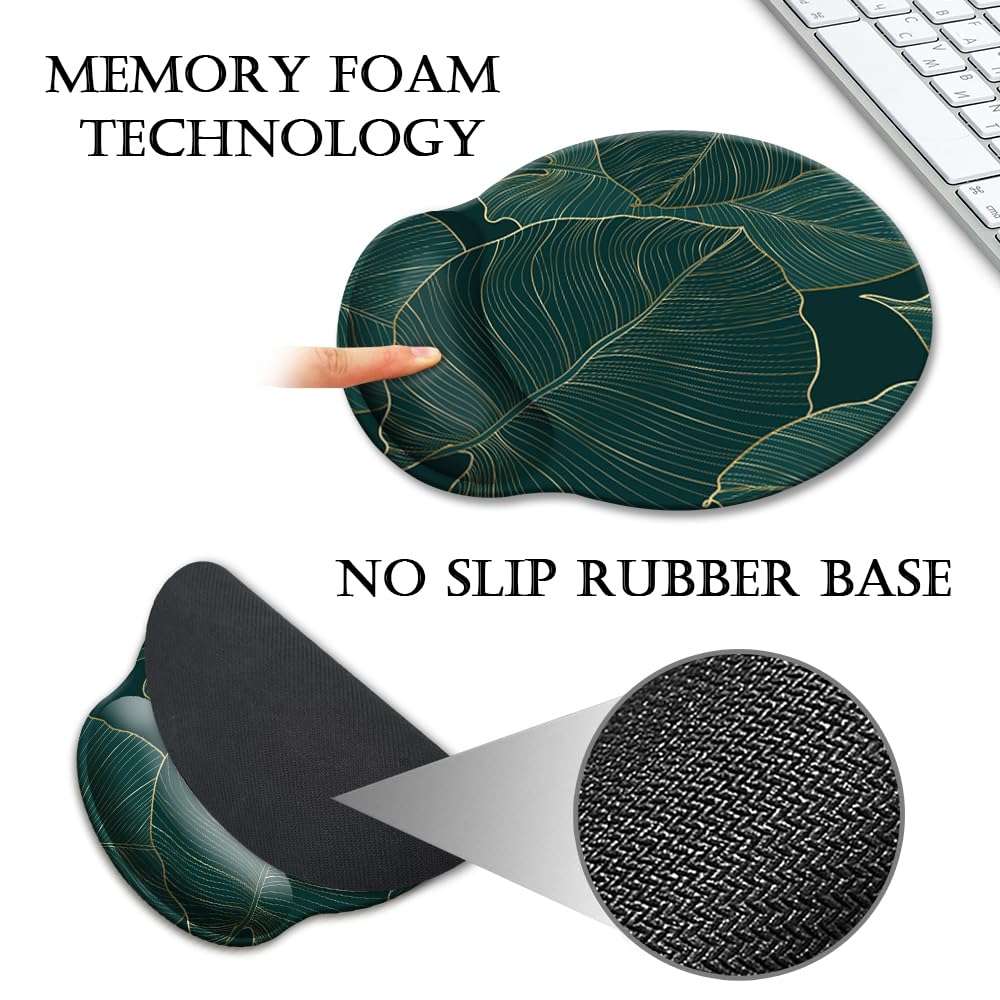 Ergonomic Mouse Pad with Wrist Support - Gel Cushion Wrist Rest for Pain Relief, Non-Slip Rubber Base Computer Mouse Pad for Laptop & PC (Green Leaves Design) - Perfect for Office, Gaming & Long Computer Work Sessions