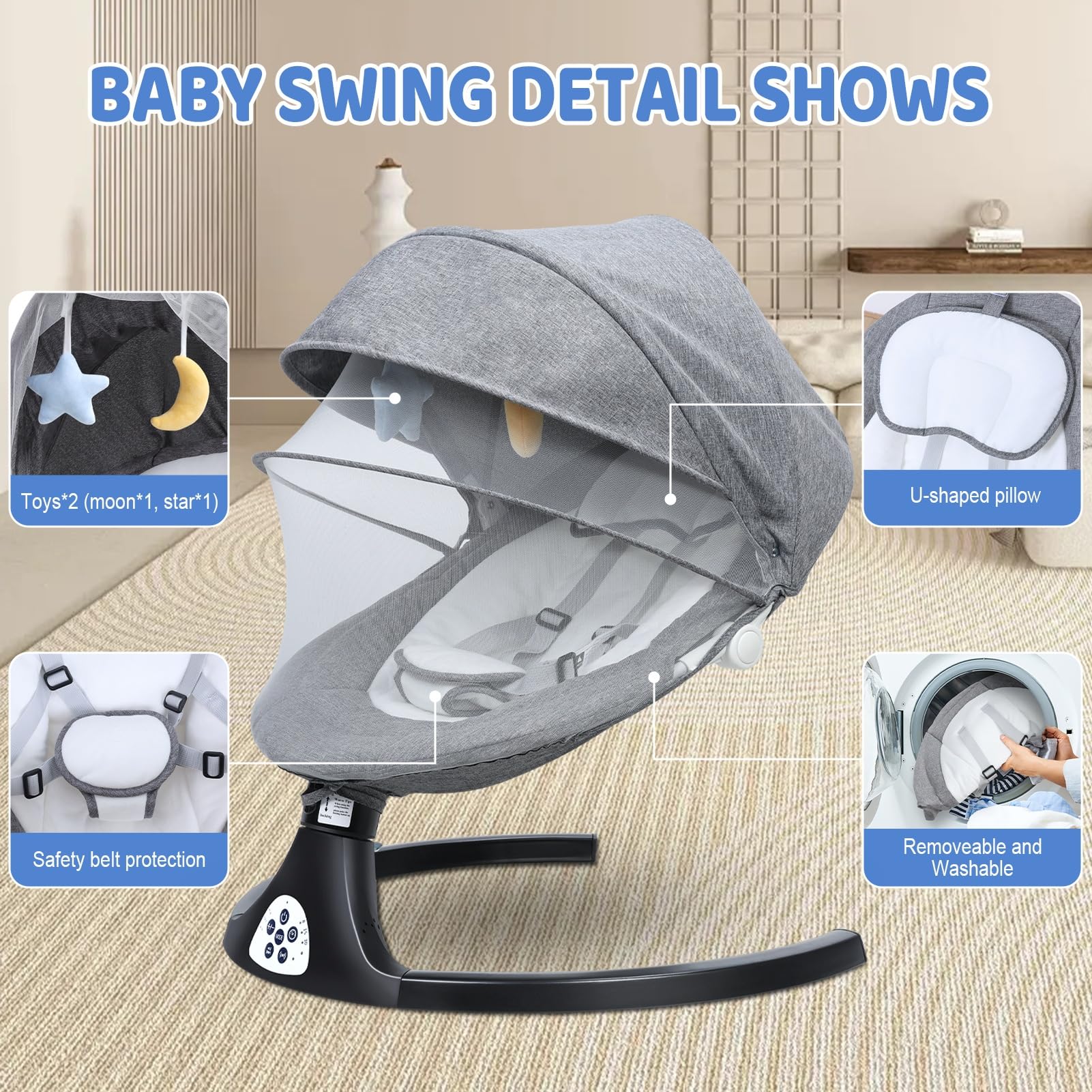 Fukursul Electric Baby Swing with Smart Sensor & Safety Harness - Bluetooth Remote Control Adjustable Infant Rocker with Soothing Music & Plush Toys | Perfect for Nursery, Daycare & Calming Fussy Babies