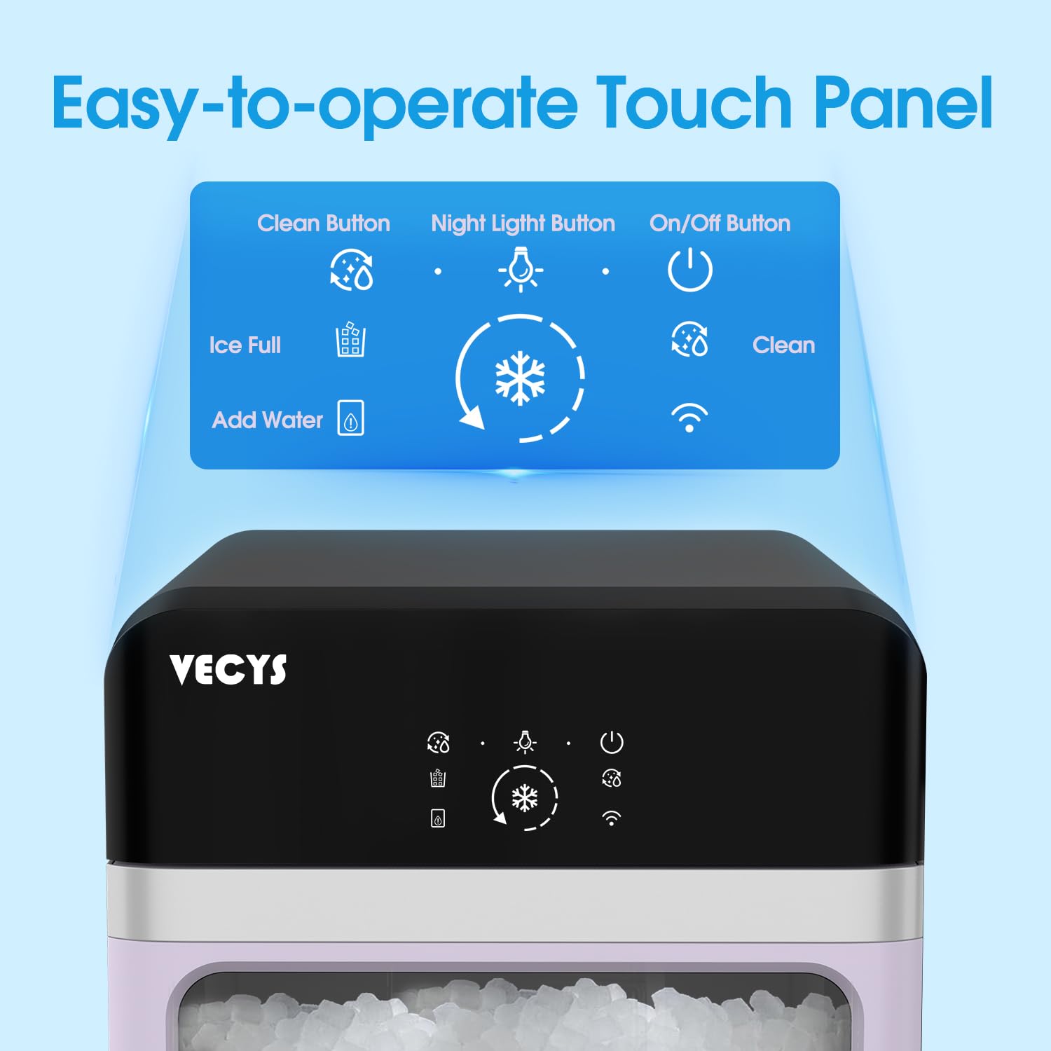 VECYS 33LBS/Day Countertop Nugget Ice Maker - Self-Cleaning Portable Pellet Ice Machine with Stainless Steel Trim & 3.8L Side Water Tank - Chewable Sonic Ice for Home, Office, Bar, Cocktails, and Beverages