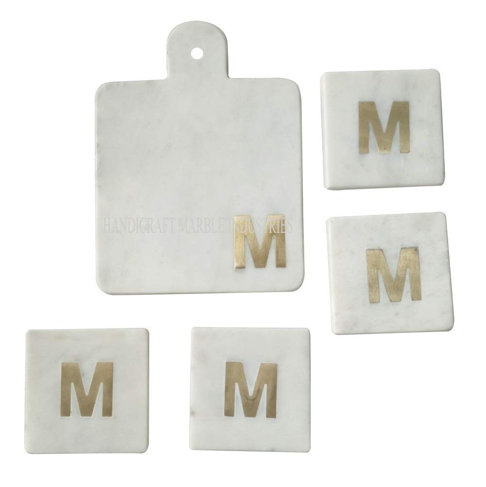 White Marble Serving Platter Set with 4 Coasters - Elegant Cheese Board, Butter & Pastry Tray, Cake Stand for Dining & Entertaining - Perfect for Weddings, Dinner Parties & Home Decor