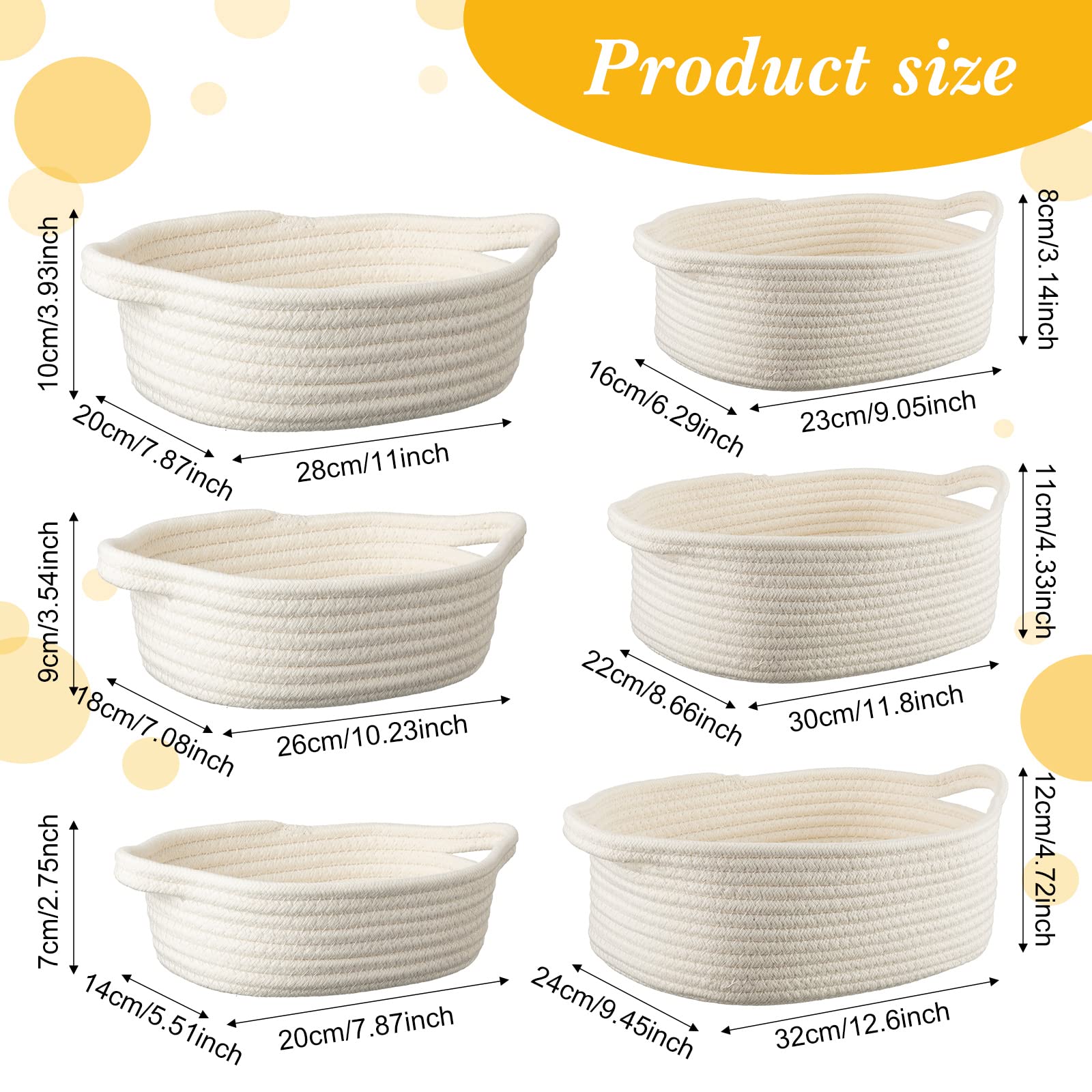 6 Sizes Woven Storage Basket with Gift Bags & Gold Bows - Soft Cotton Rope Handled Basket for Baby Toys, Home Organization - Perfect for Easter, Birthday, Christmas Gifts & Nursery Decor