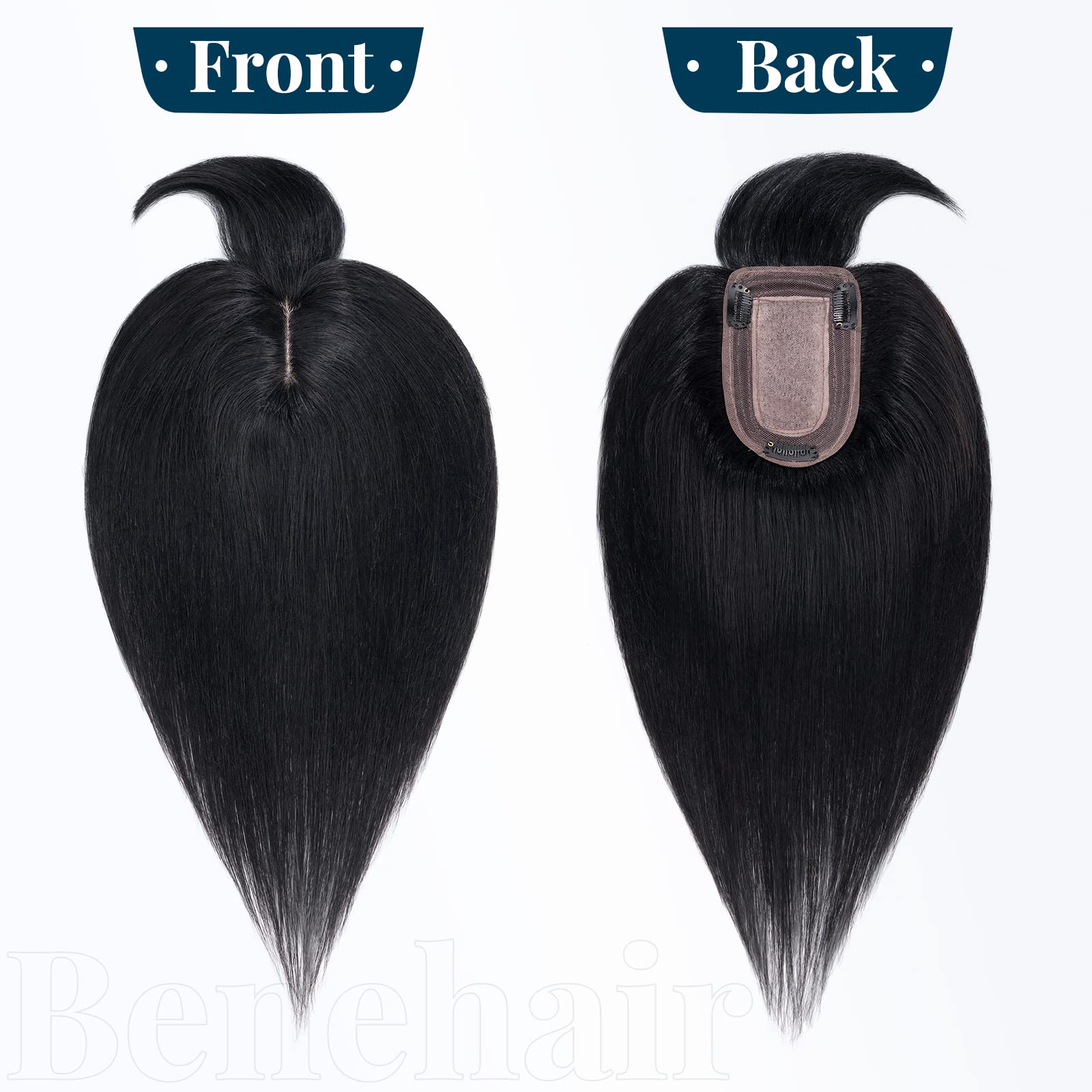 Benehair Clip-in Hair Topper with Bangs - 100% Human Hair Topper Wiglet for Women with Thinning Hair - 14 Inch 44g Dark Black #1 - Perfect for Daily Wear, Special Occasions & Hair Loss Solutions