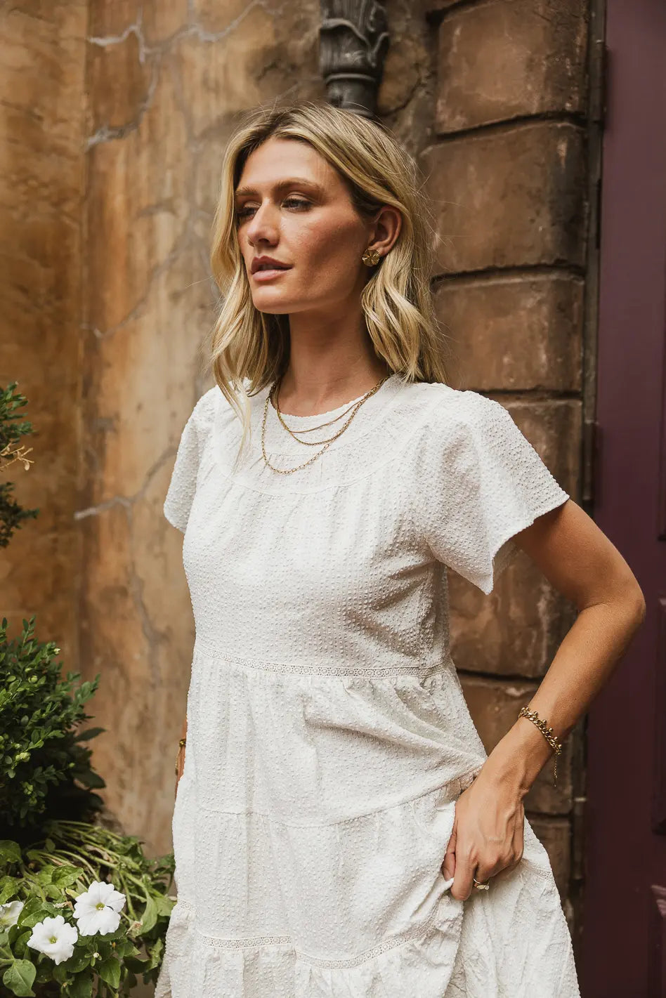 Neve Textured Midi Dress in Ivory - Elegant Boho Chic Women's Dress for Wedding Guest & Summer Outfits | Final Sale