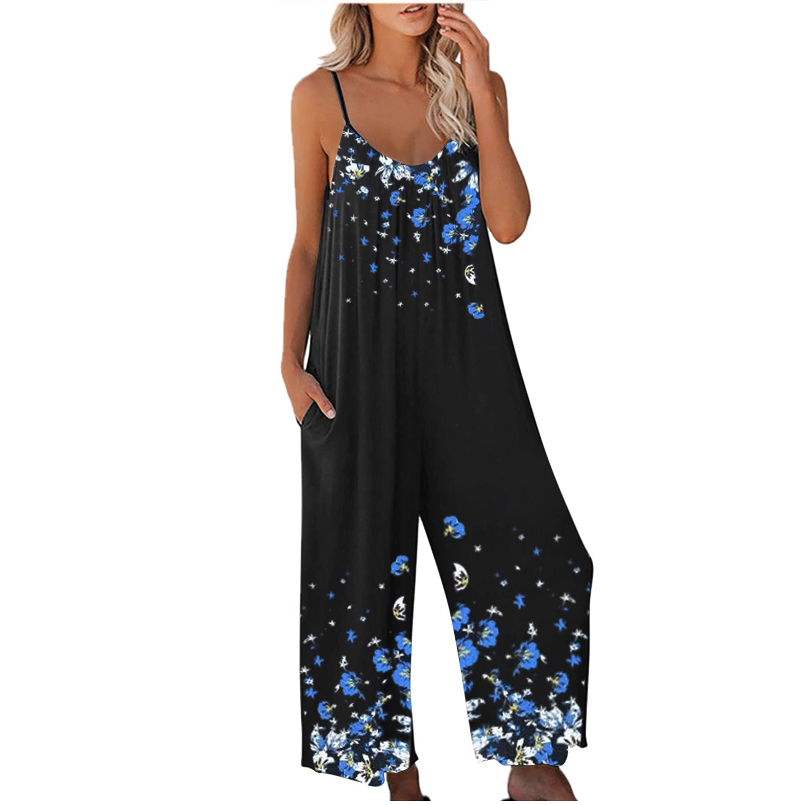 Women's Summer Casual Print Pocket Romper - Long Sleeve Loose Jumpsuit with Adjustable Straps | Beach Cover-Up, Vacation Outfit, Lounge Wear