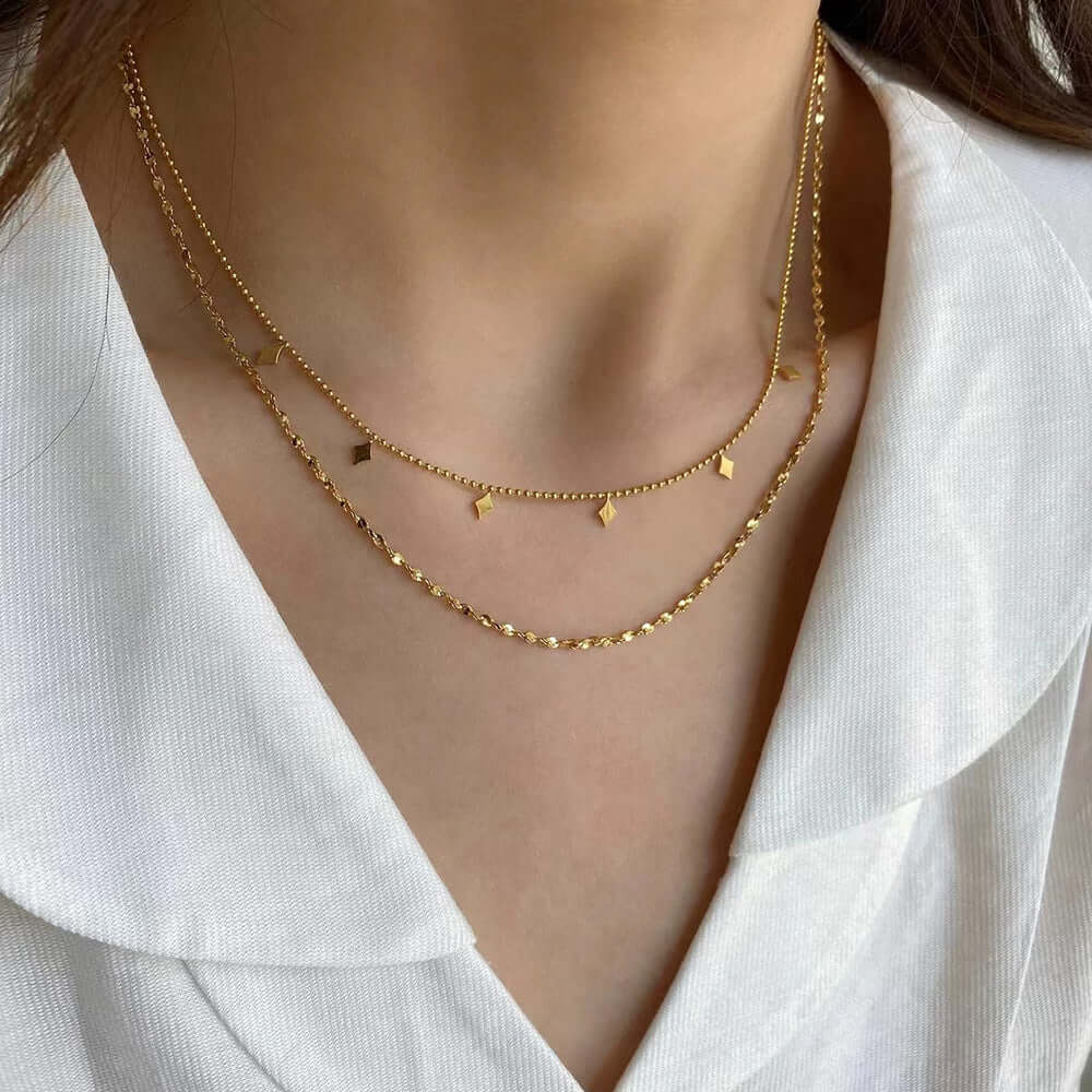 18K Gold Plated Geometric Double Strand Chain Necklace for Women - Elegant Layered Statement Jewelry for Parties, Date Night & Special Occasions | JDN120