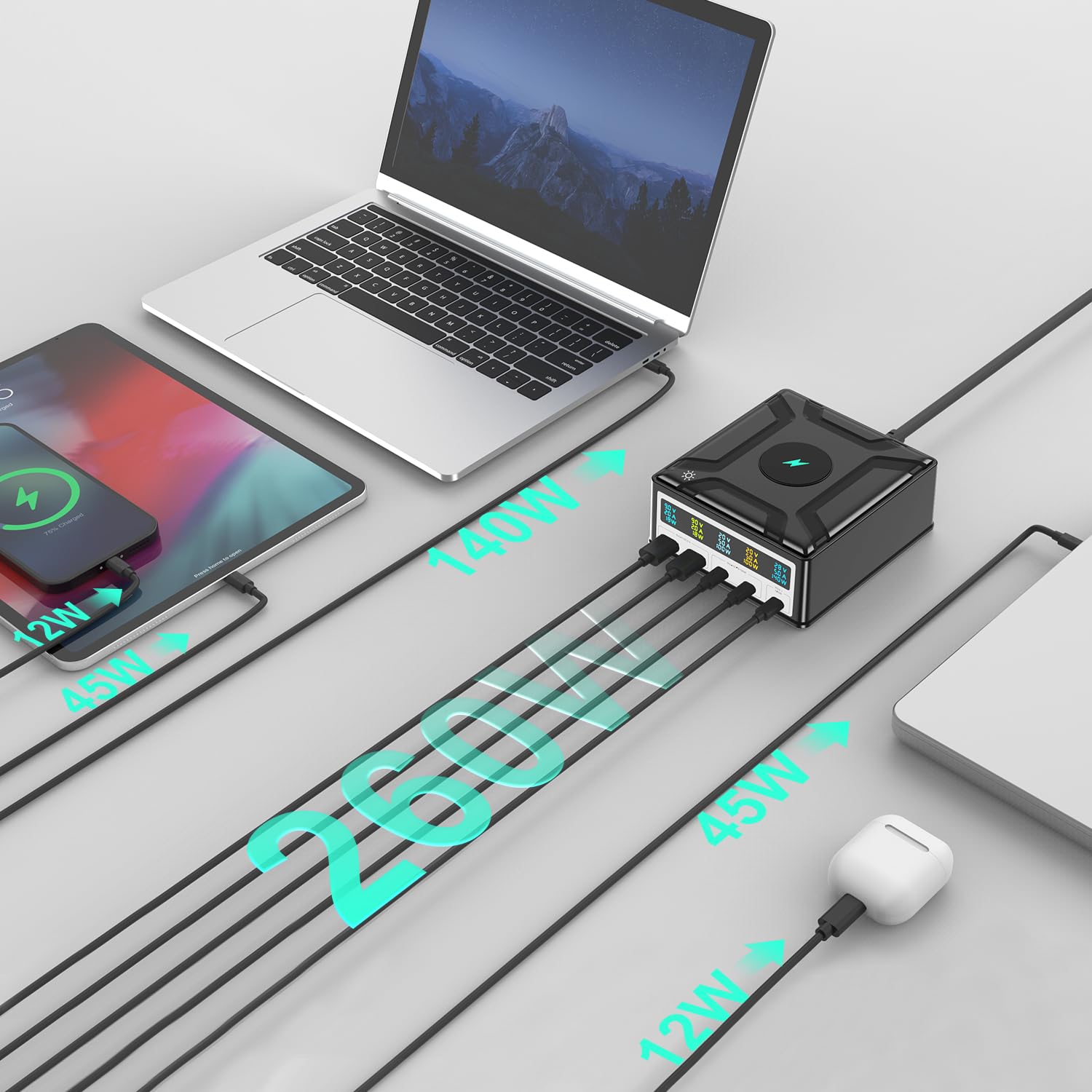 260W USB C GaN Fast Charger with 5-Ports - PD3.1 140W Desktop Charging Station for MacBook Pro/Air, iPad Pro, iPhone & Samsung - Compact Travel Power Adapter for Home, Office & On-the-Go Charging