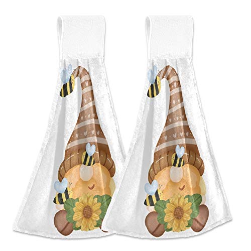 2PCS Sunflower Gnome Hanging Kitchen Towels - Summer Bee Dish Cloths with Loops, Soft Super Absorbent Hand Towels 12x17 Inch for Kitchen & Bathroom | Perfect for Drying Dishes, Decorating Farmhouse Kitchen & Guest Bathroom Essentials
